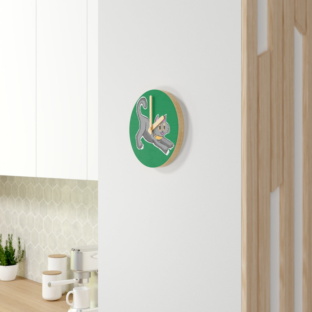 Grey Kitty Wooden Wall Clock made from sustainable birch plywood, featuring a charming design suitable for home decor.