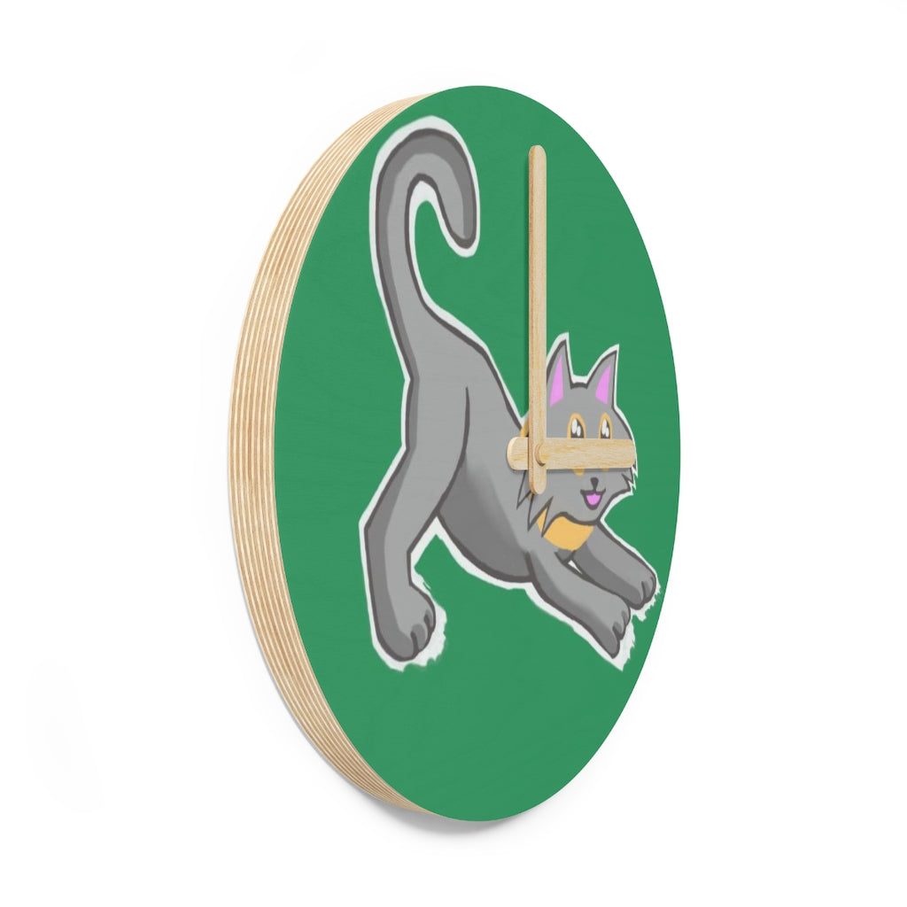 Grey Kitty Wooden Wall Clock made from sustainable birch plywood, featuring a charming design suitable for home decor.