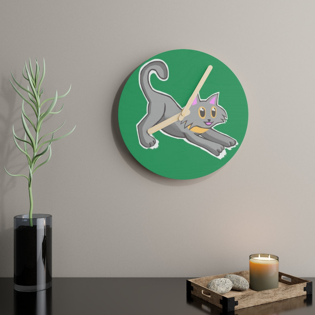 Grey Kitty Wooden Wall Clock made from sustainable birch plywood, featuring a charming design suitable for home decor.