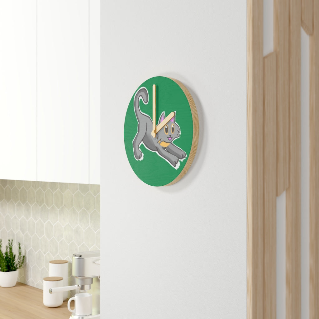 Grey Kitty Wooden Wall Clock made from sustainable birch plywood, featuring a charming design suitable for home decor.