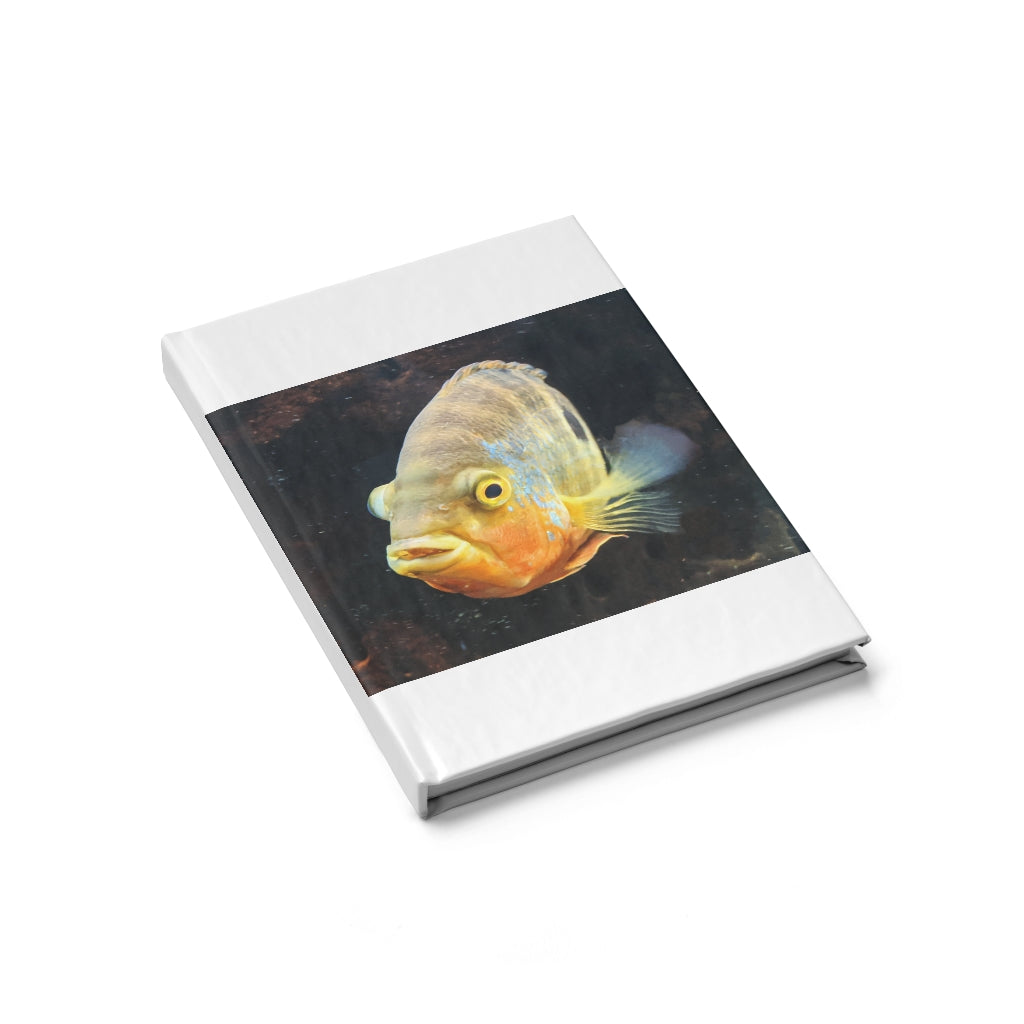 Grey Orange Fish Journal with a hardcover and vibrant wraparound print, showcasing blank pages for creativity.