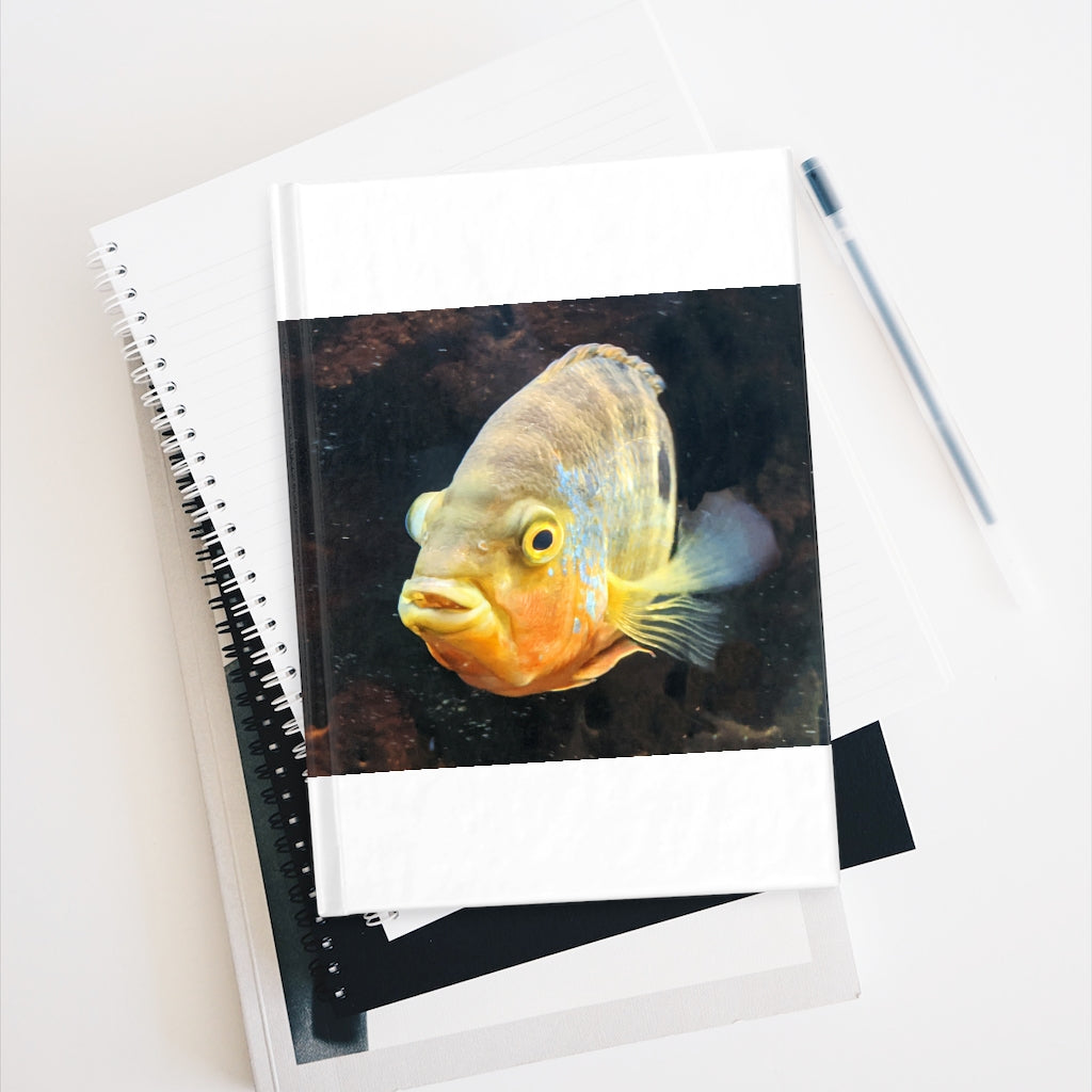 Grey Orange Fish Journal with a hardcover and vibrant wraparound print, showcasing blank pages for creativity.