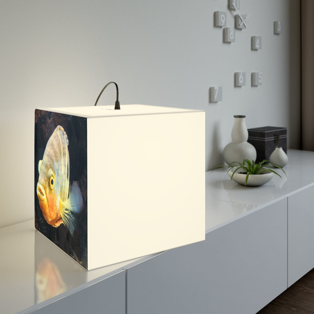 A stylish Grey Orange Fish Personalized Lamp in a cube shape, showcasing unique designs and soft ambient light, perfect for home decor.