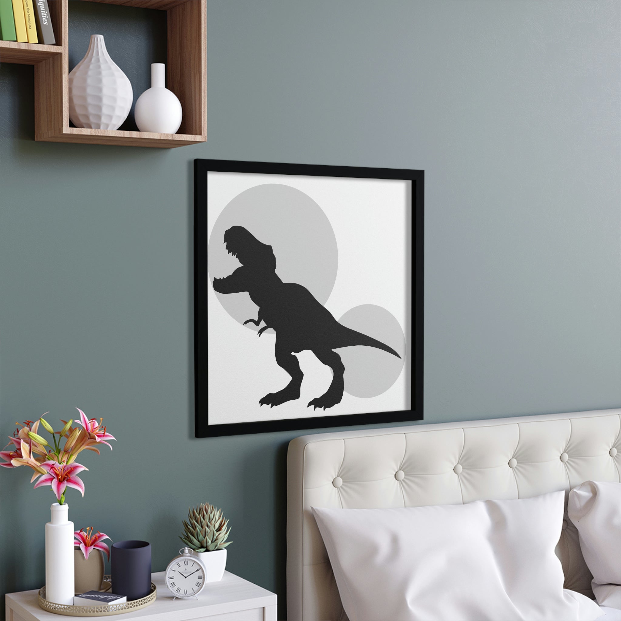 Framed poster featuring a Grey Tyrannosaurus Rex design, showcasing vibrant colors and a hand-crafted wooden frame.