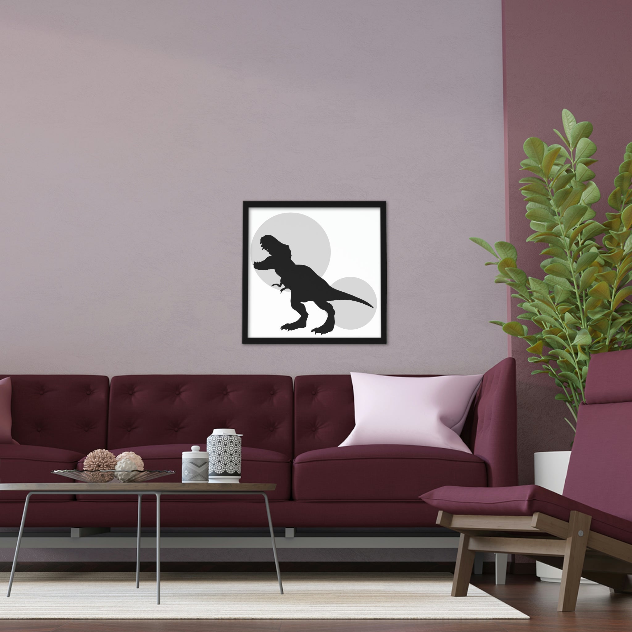 Framed poster featuring a Grey Tyrannosaurus Rex design, showcasing vibrant colors and a hand-crafted wooden frame.