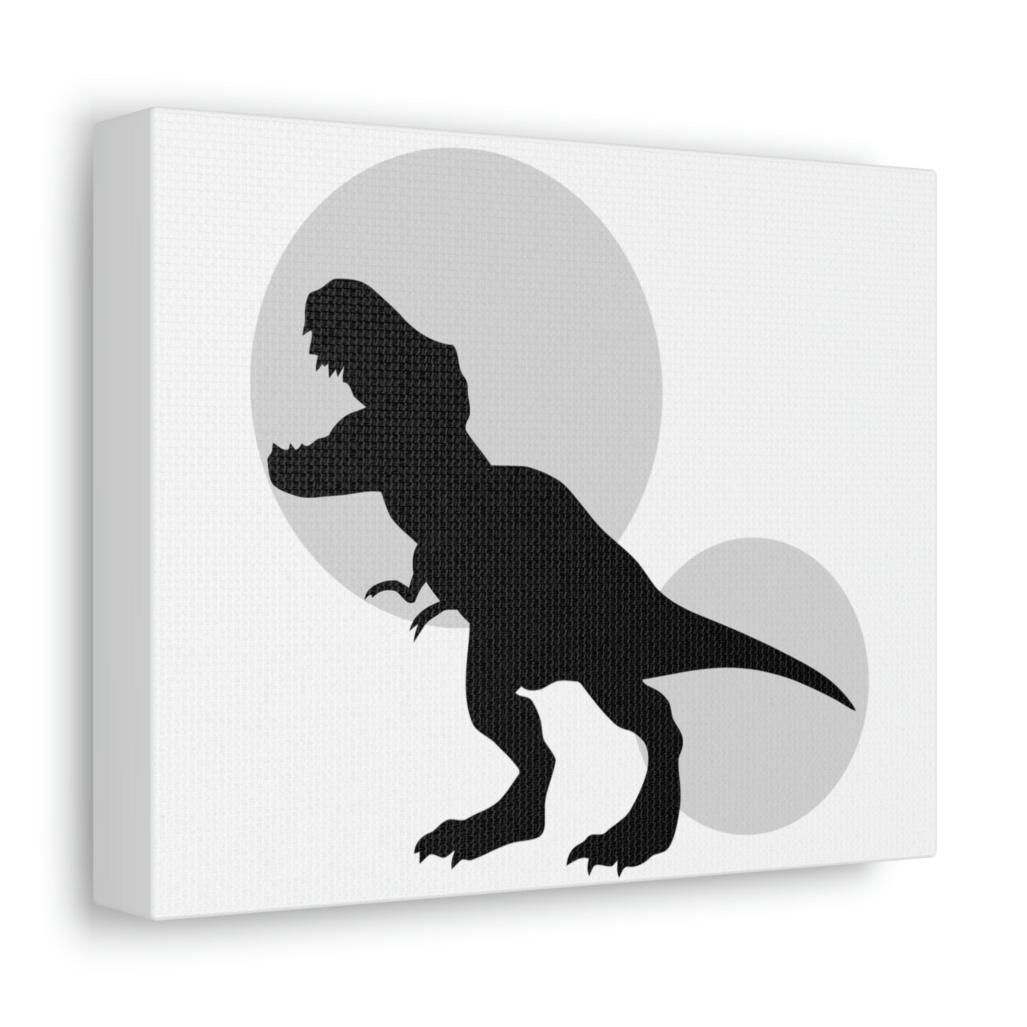 Grey Tyrannosaurus Rex design stretched canvas art piece on a wooden frame, showcasing vibrant colors and detailed illustration.