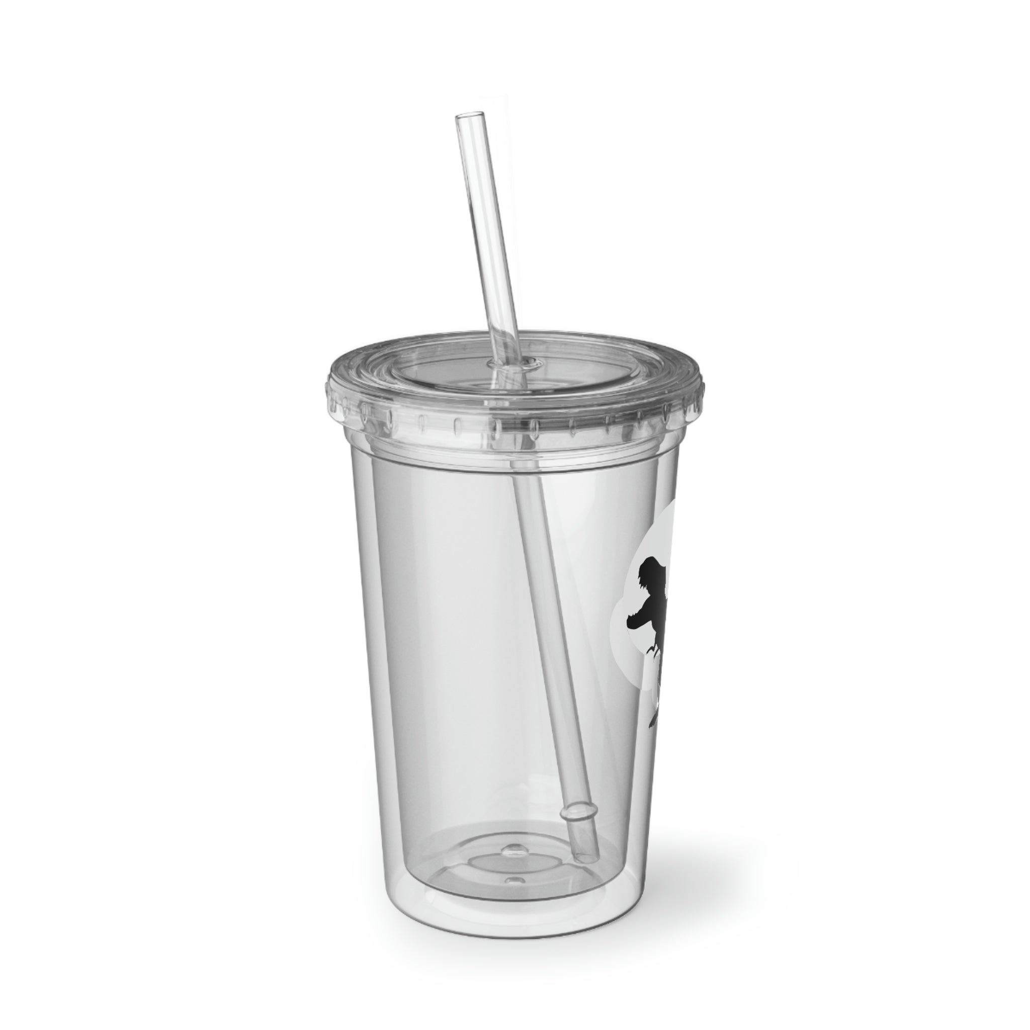 Grey acrylic cup featuring a vibrant Tyrannosaurus Rex design, with a plastic lid and straw, perfect for hot and cold beverages.