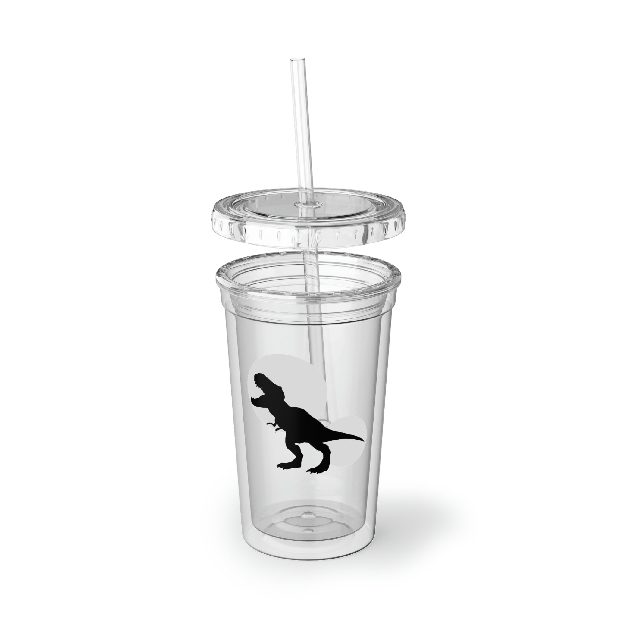 Grey acrylic cup featuring a vibrant Tyrannosaurus Rex design, with a plastic lid and straw, perfect for hot and cold beverages.