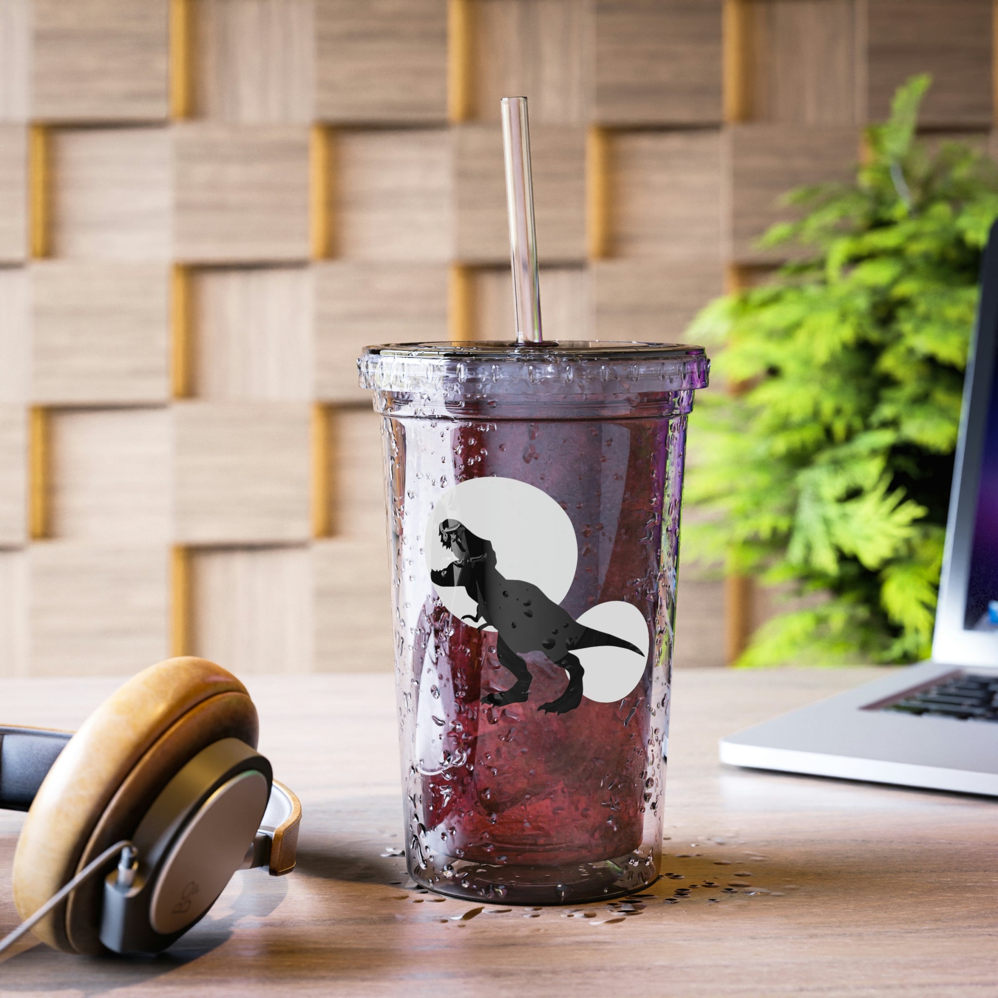 Grey acrylic cup featuring a vibrant Tyrannosaurus Rex design, with a plastic lid and straw, perfect for hot and cold beverages.