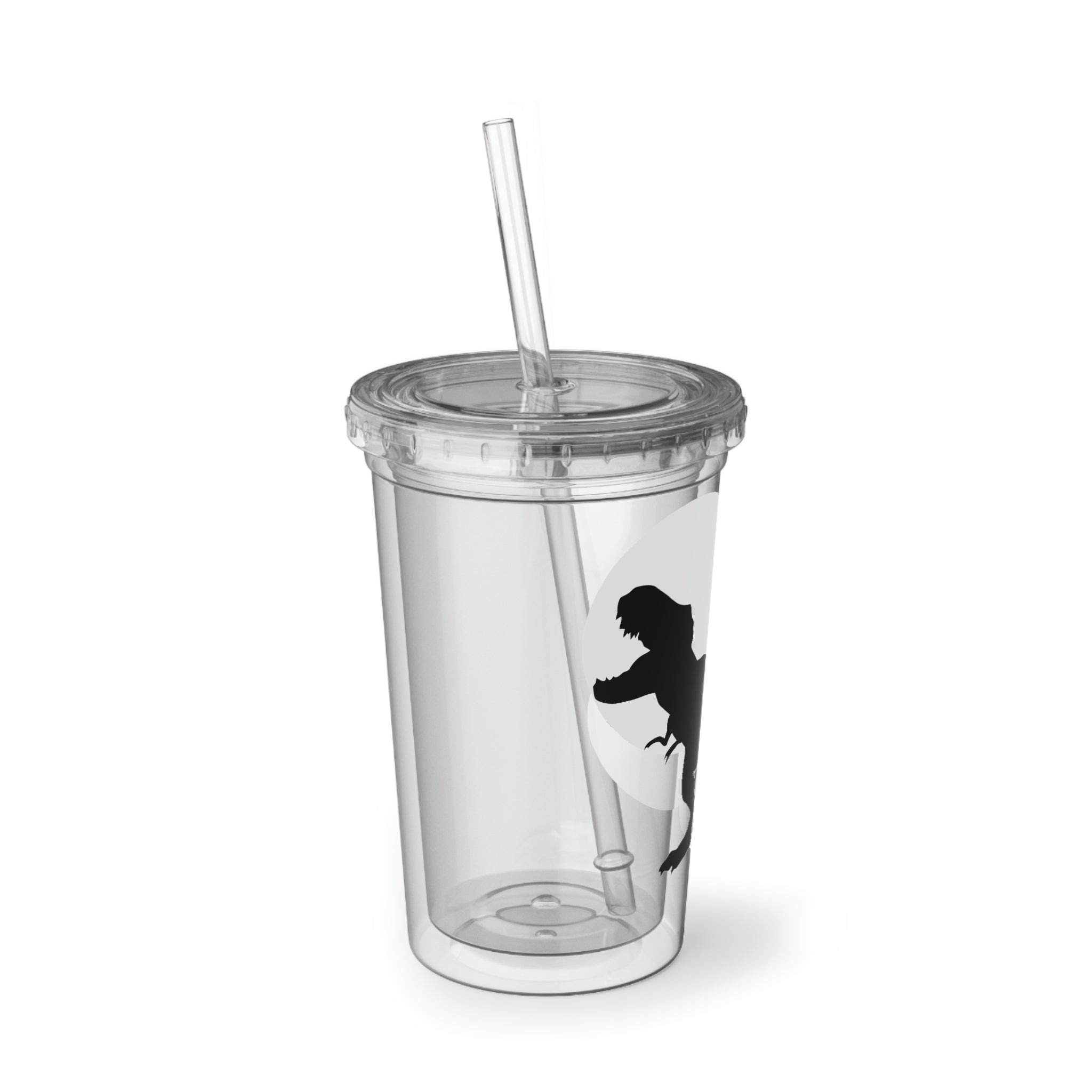 Grey acrylic cup featuring a Tyrannosaurus Rex design, double-wall insulated for temperature retention, with a plastic lid and straw.