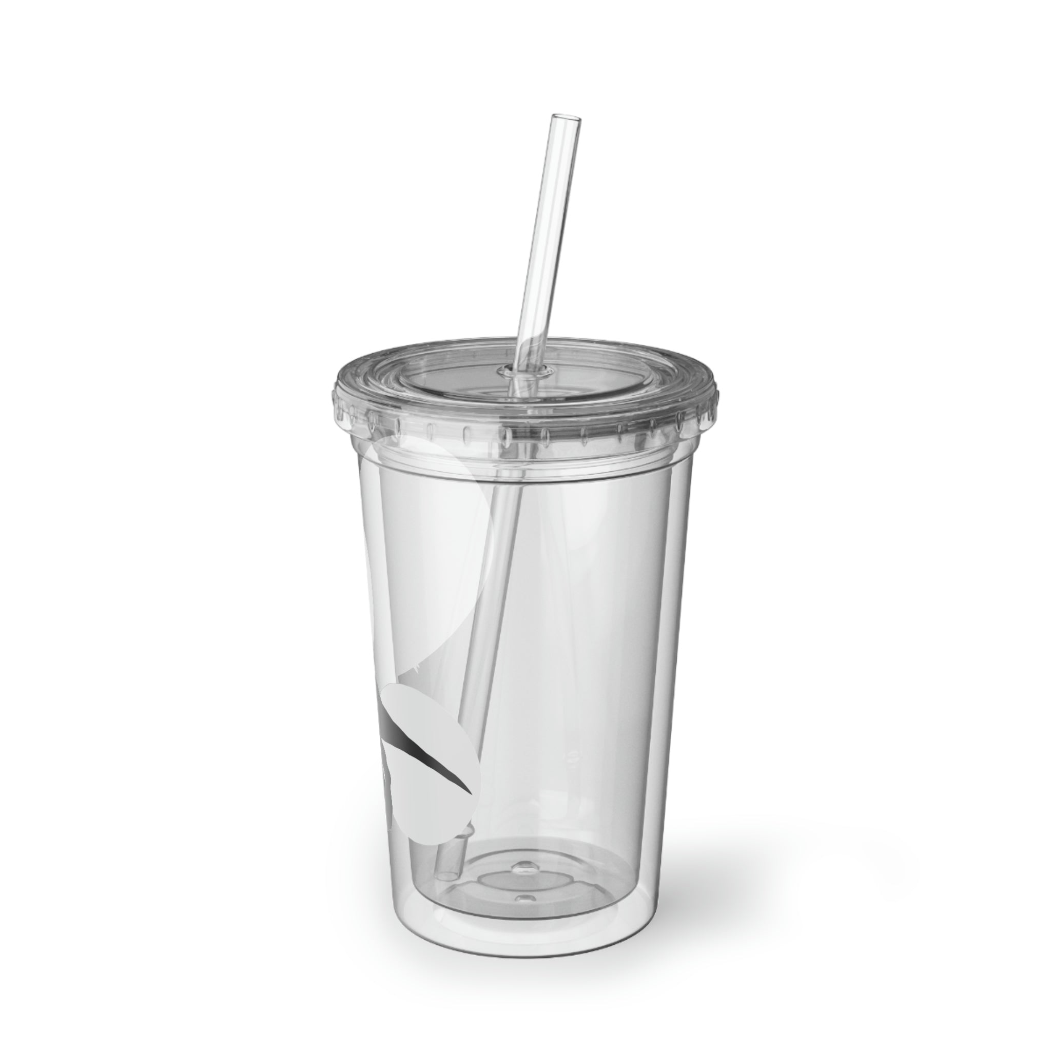 Grey acrylic cup featuring a Tyrannosaurus Rex design, double-wall insulated for temperature retention, with a plastic lid and straw.