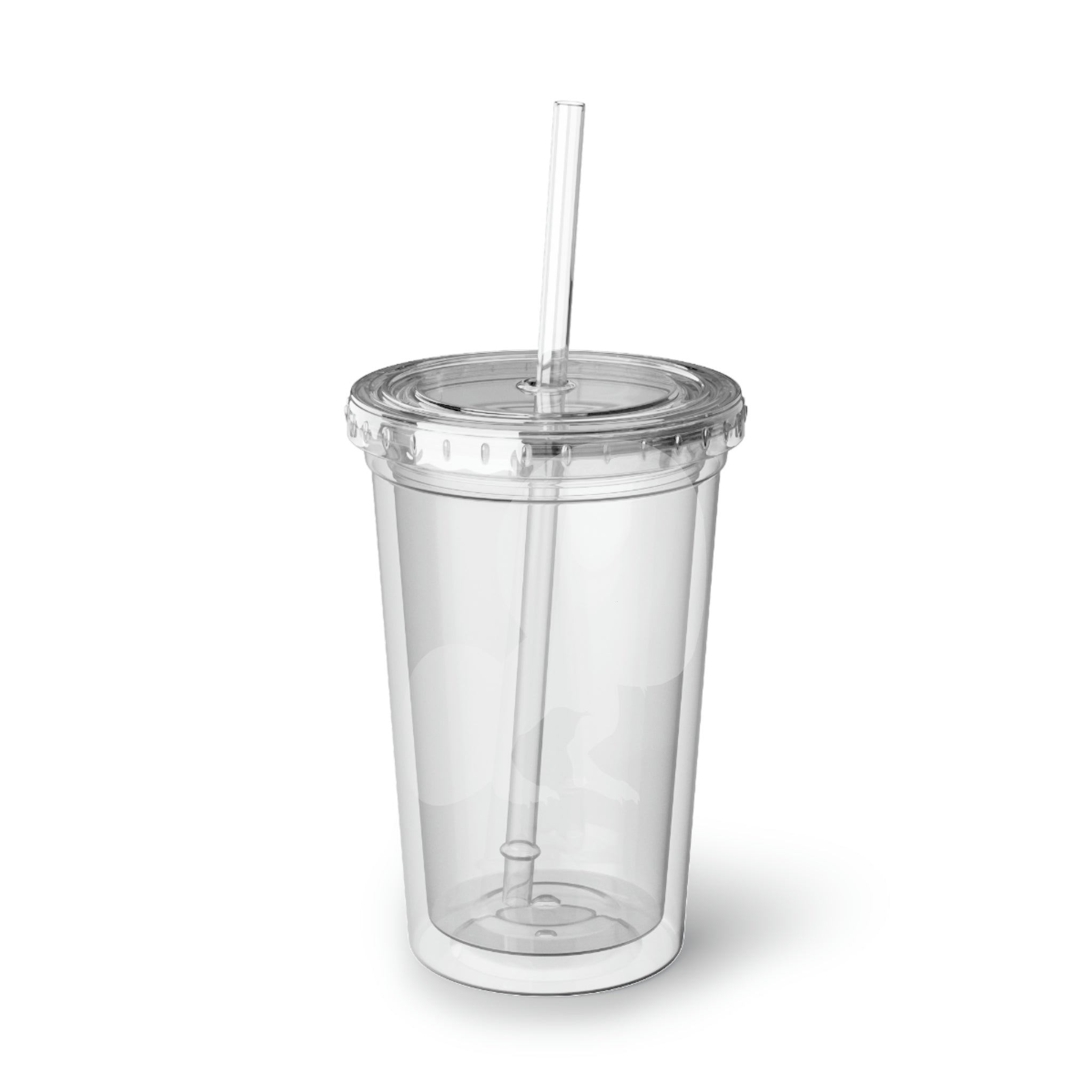 Grey acrylic cup featuring a Tyrannosaurus Rex design, double-wall insulated for temperature retention, with a plastic lid and straw.