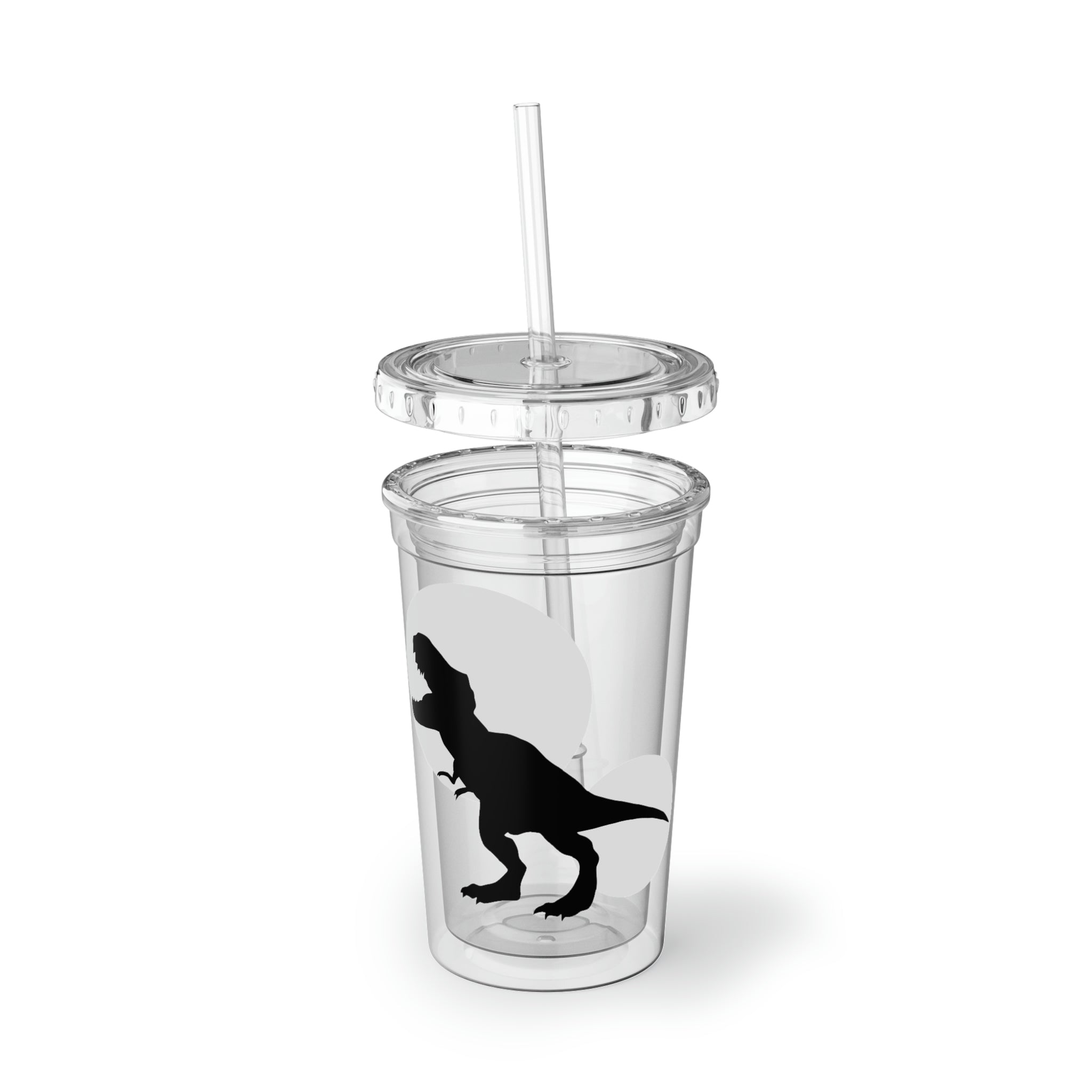 Grey acrylic cup featuring a Tyrannosaurus Rex design, double-wall insulated for temperature retention, with a plastic lid and straw.