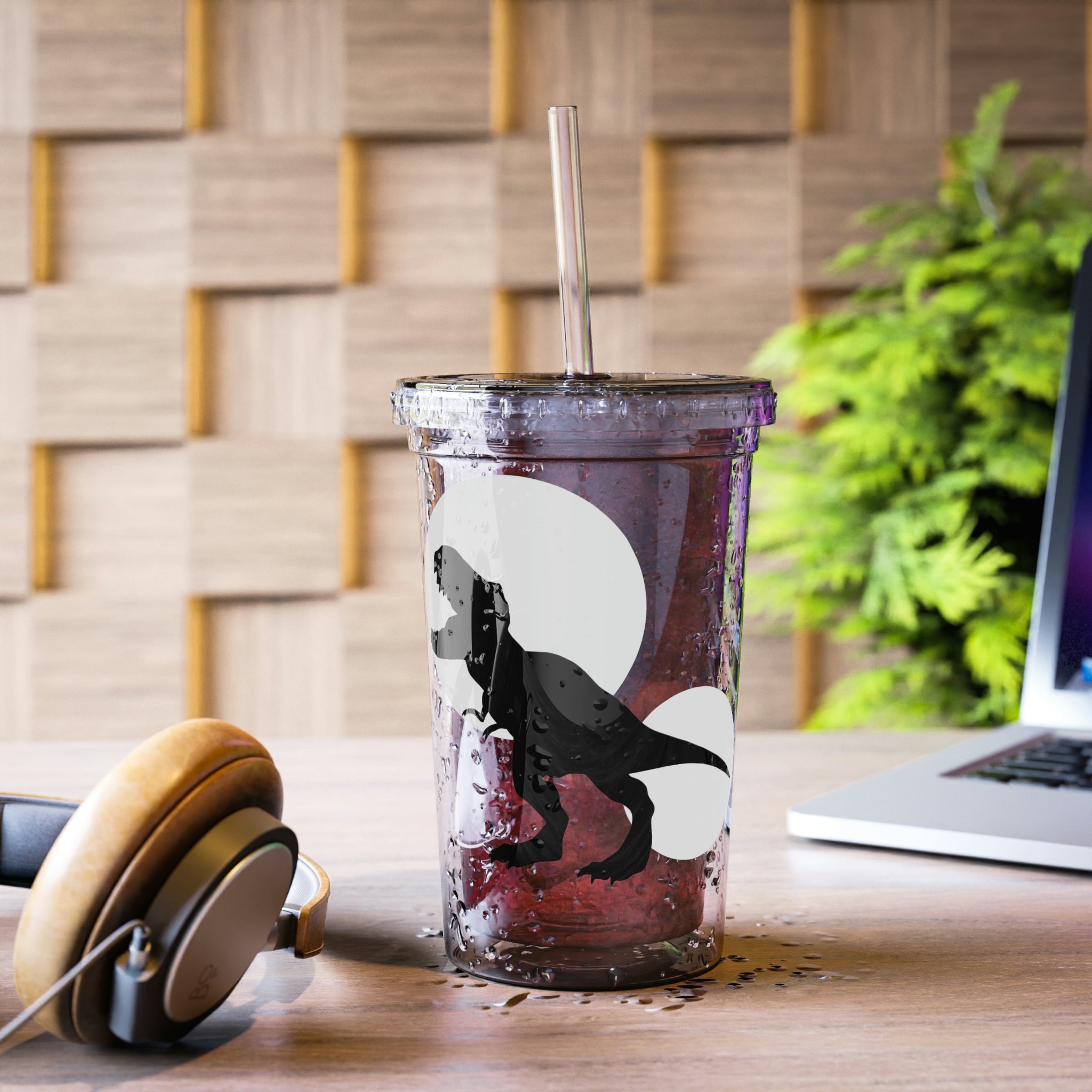 Grey acrylic cup featuring a Tyrannosaurus Rex design, double-wall insulated for temperature retention, with a plastic lid and straw.