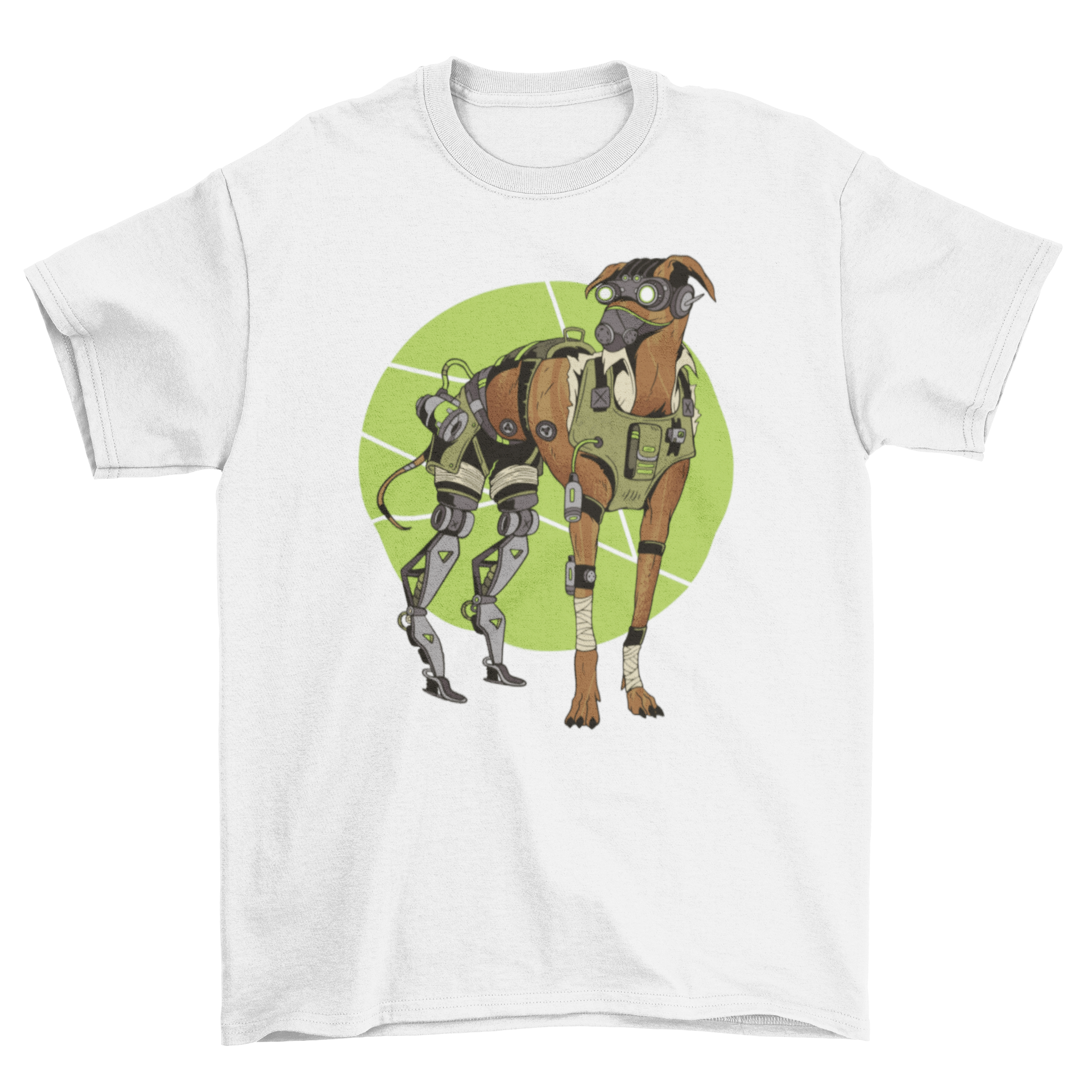 A stylish Greyhound dog cyborg t-shirt featuring a detailed illustration of a Greyhound with mechanical parts.