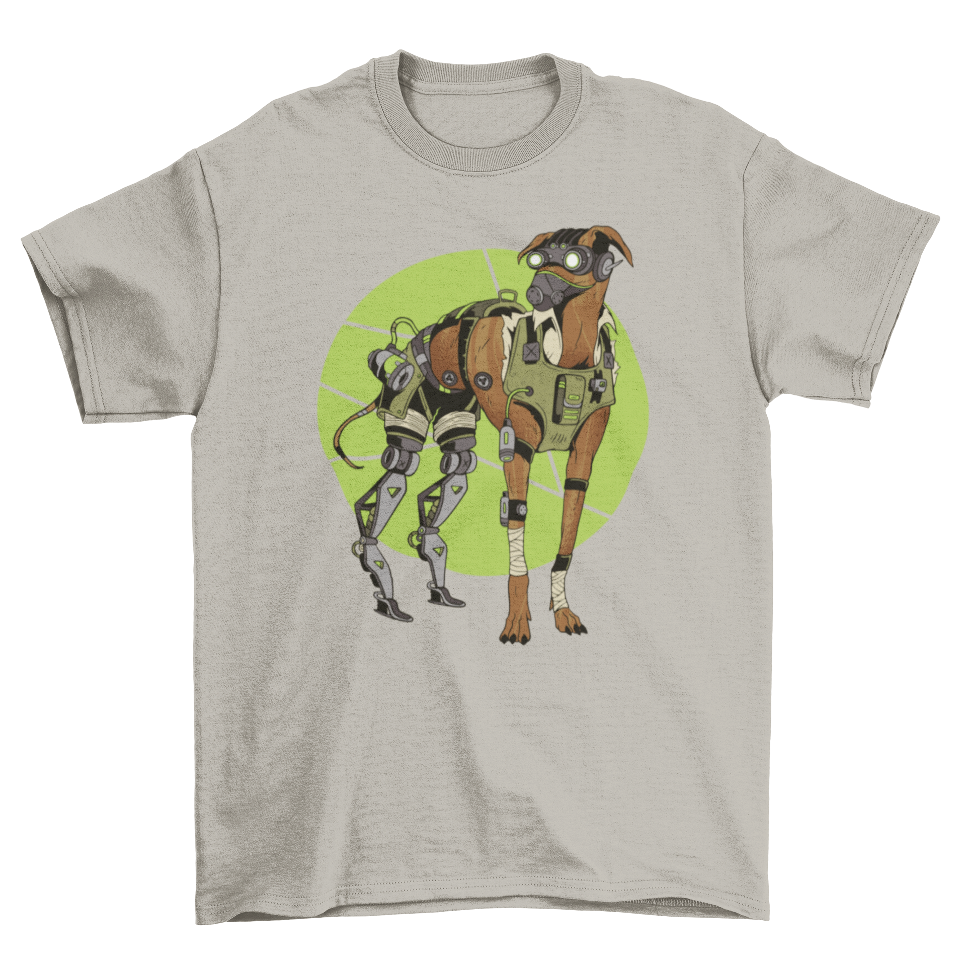 A stylish Greyhound dog cyborg t-shirt featuring a detailed illustration of a Greyhound with mechanical parts.