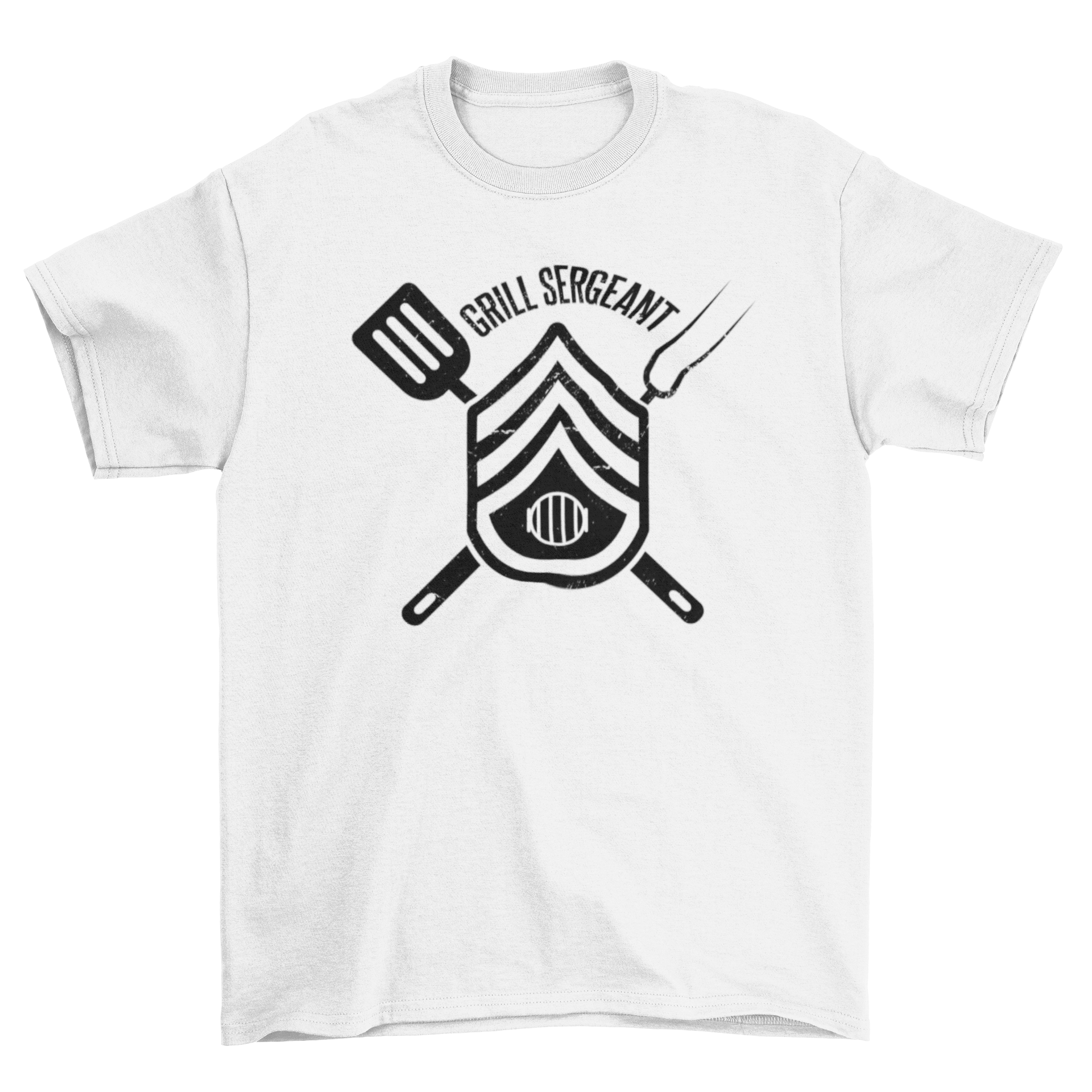 Grill BBQ Sergeant badge t-shirt featuring grilling elements in army badge shape.