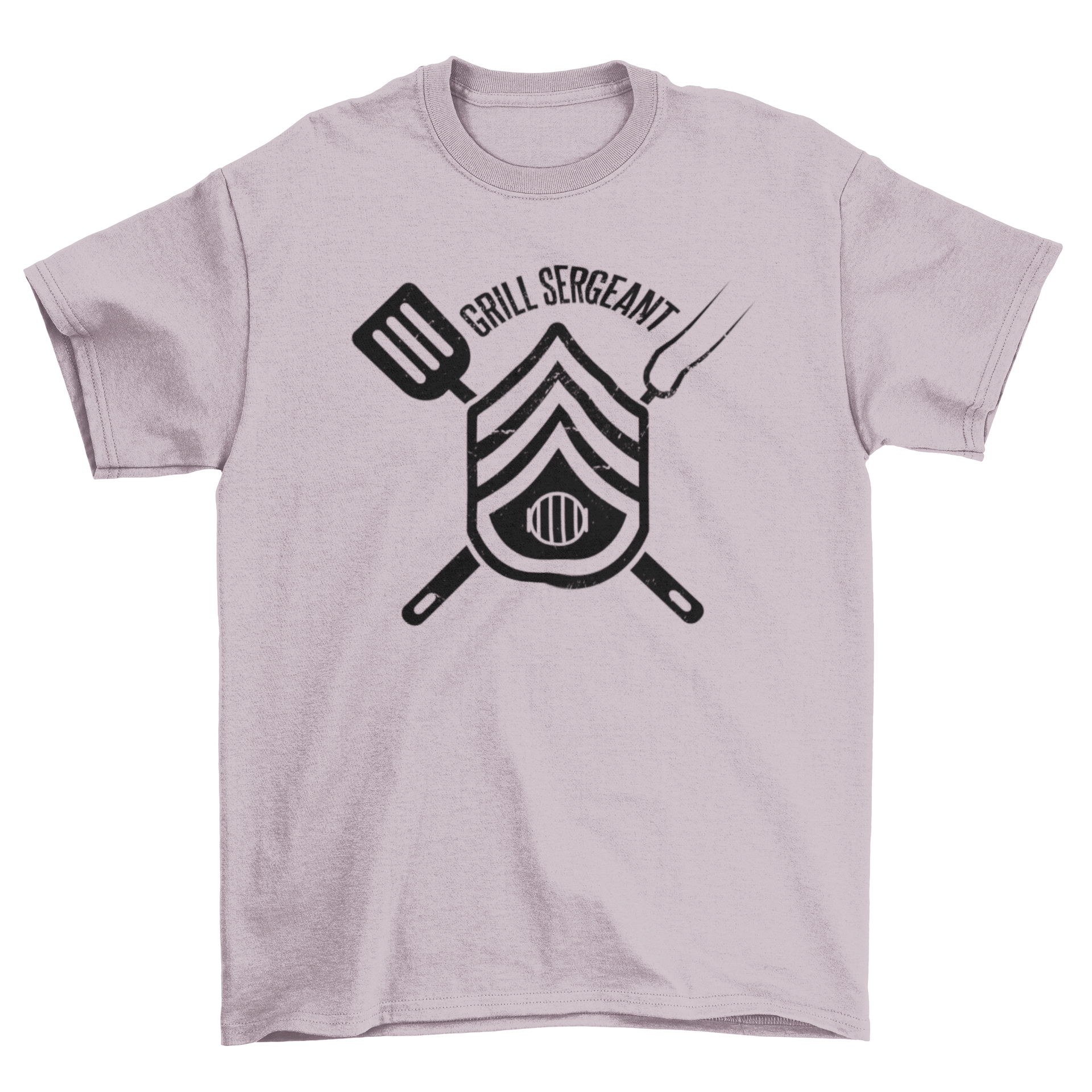 Grill BBQ Sergeant badge t-shirt featuring grilling elements in army badge shape.