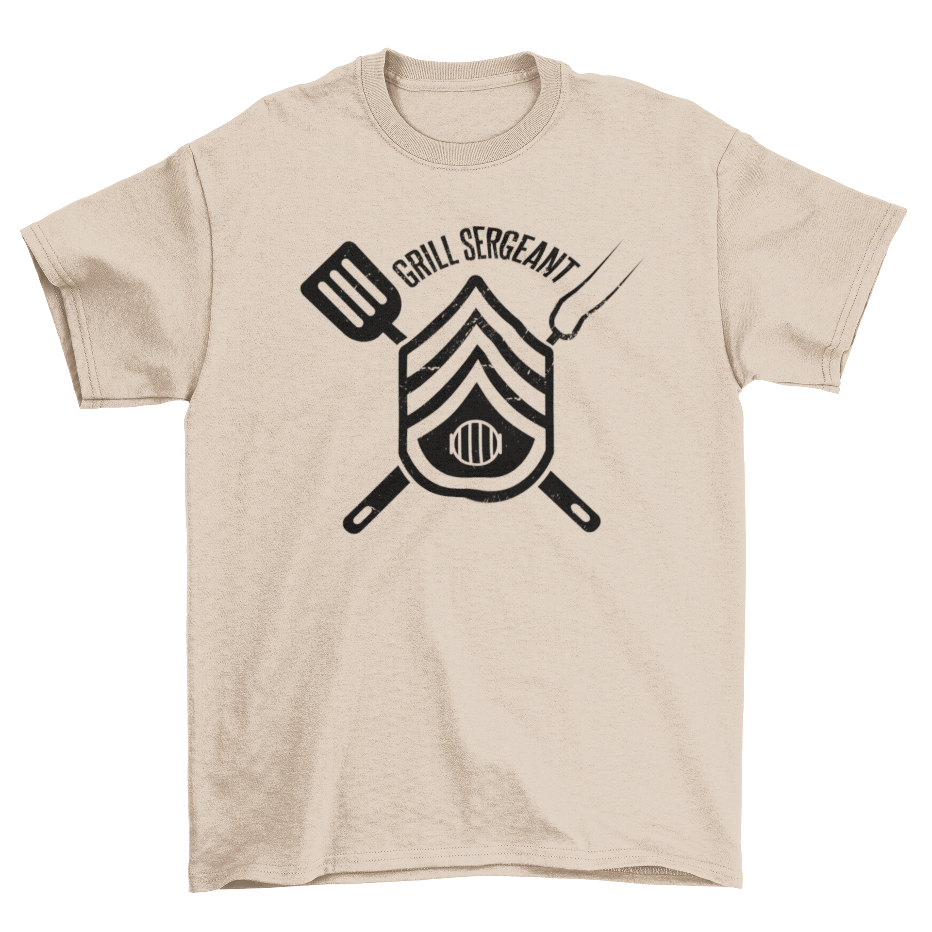 Grill BBQ Sergeant badge t-shirt featuring grilling elements in army badge shape.