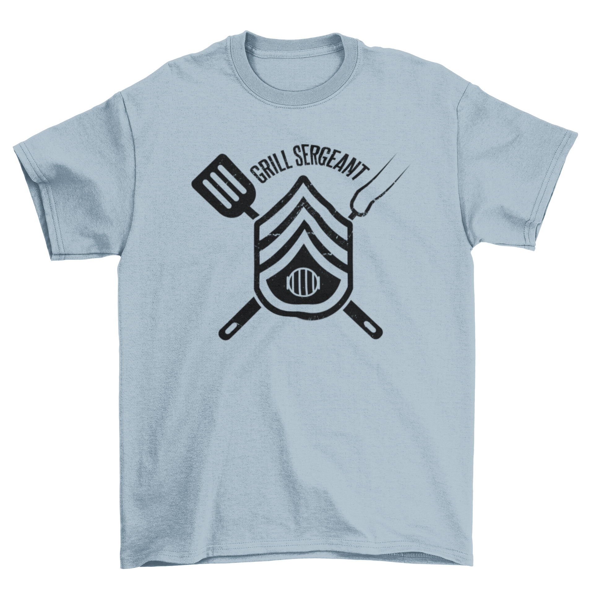 Grill BBQ Sergeant badge t-shirt featuring grilling elements in army badge shape.