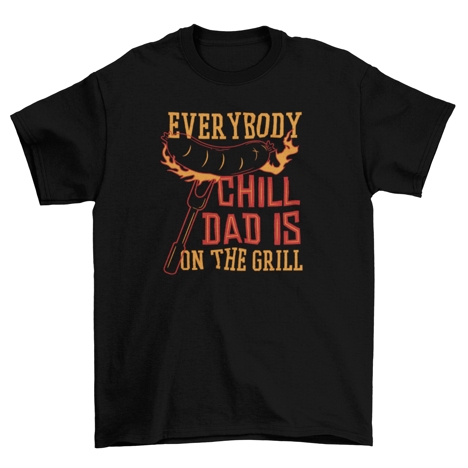 Grill Dad T-shirt featuring a sausage on fire on a carving fork, perfect for BBQ lovers.