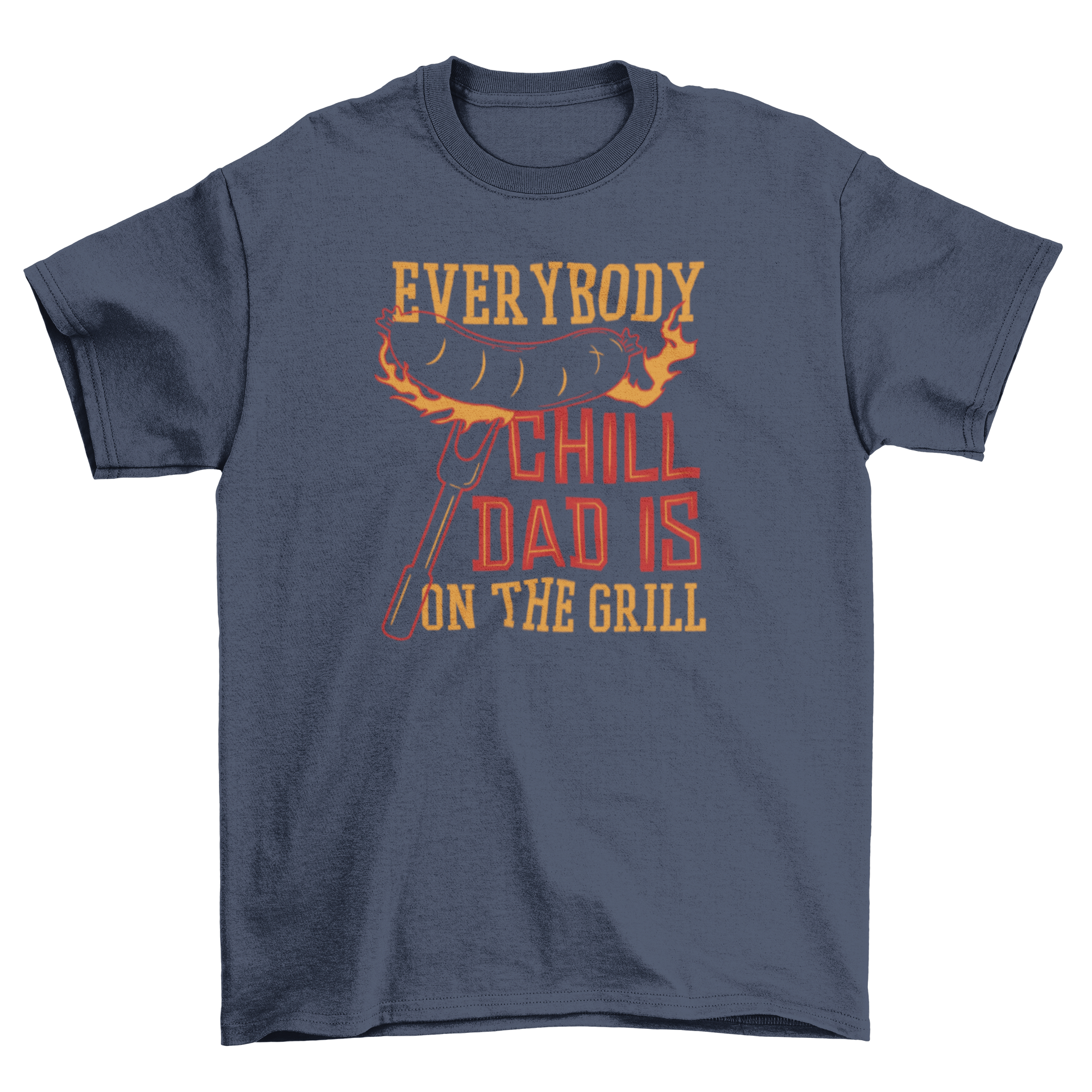 Grill Dad T-shirt featuring a sausage on fire on a carving fork, perfect for BBQ lovers.