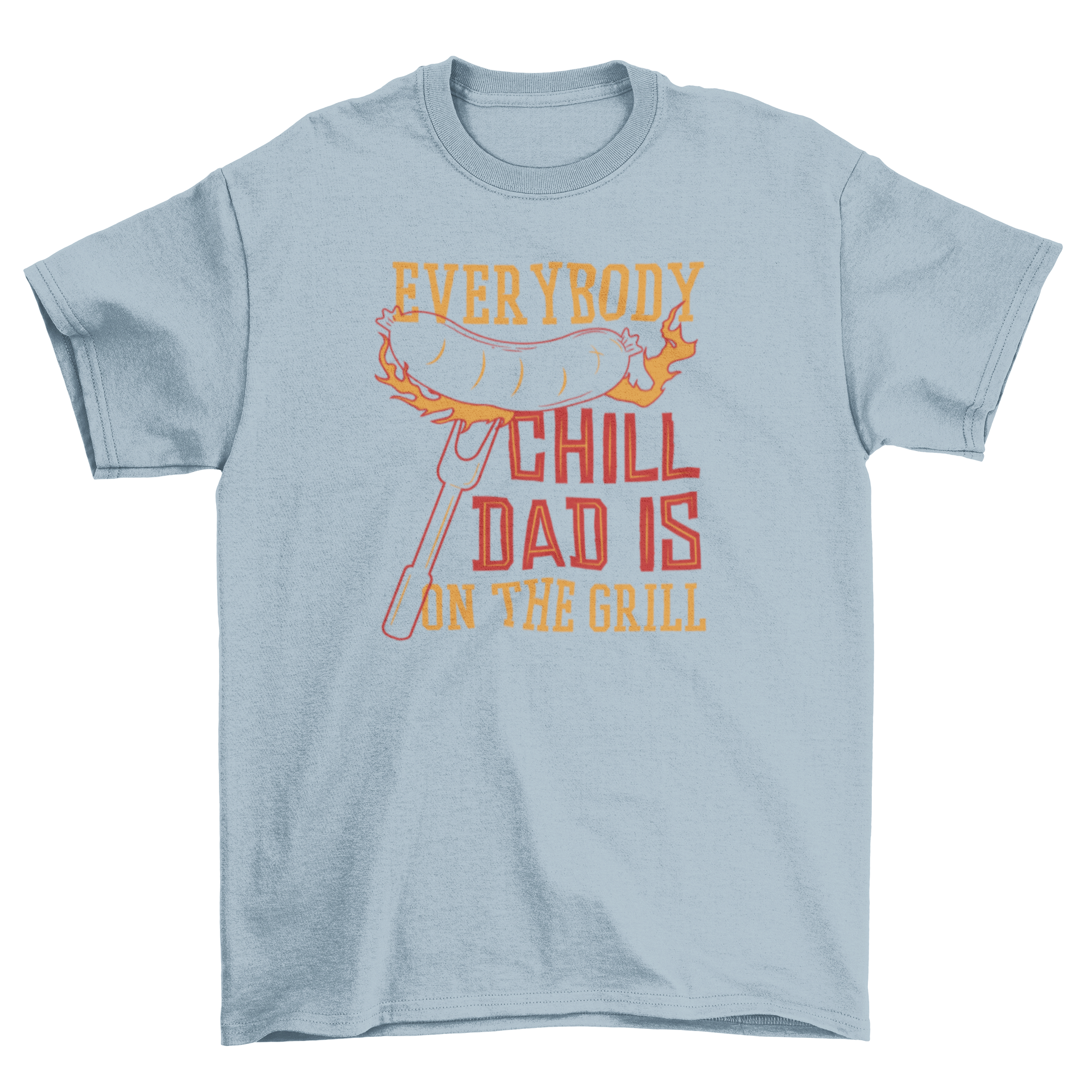 Grill Dad T-shirt featuring a sausage on fire on a carving fork, perfect for BBQ lovers.