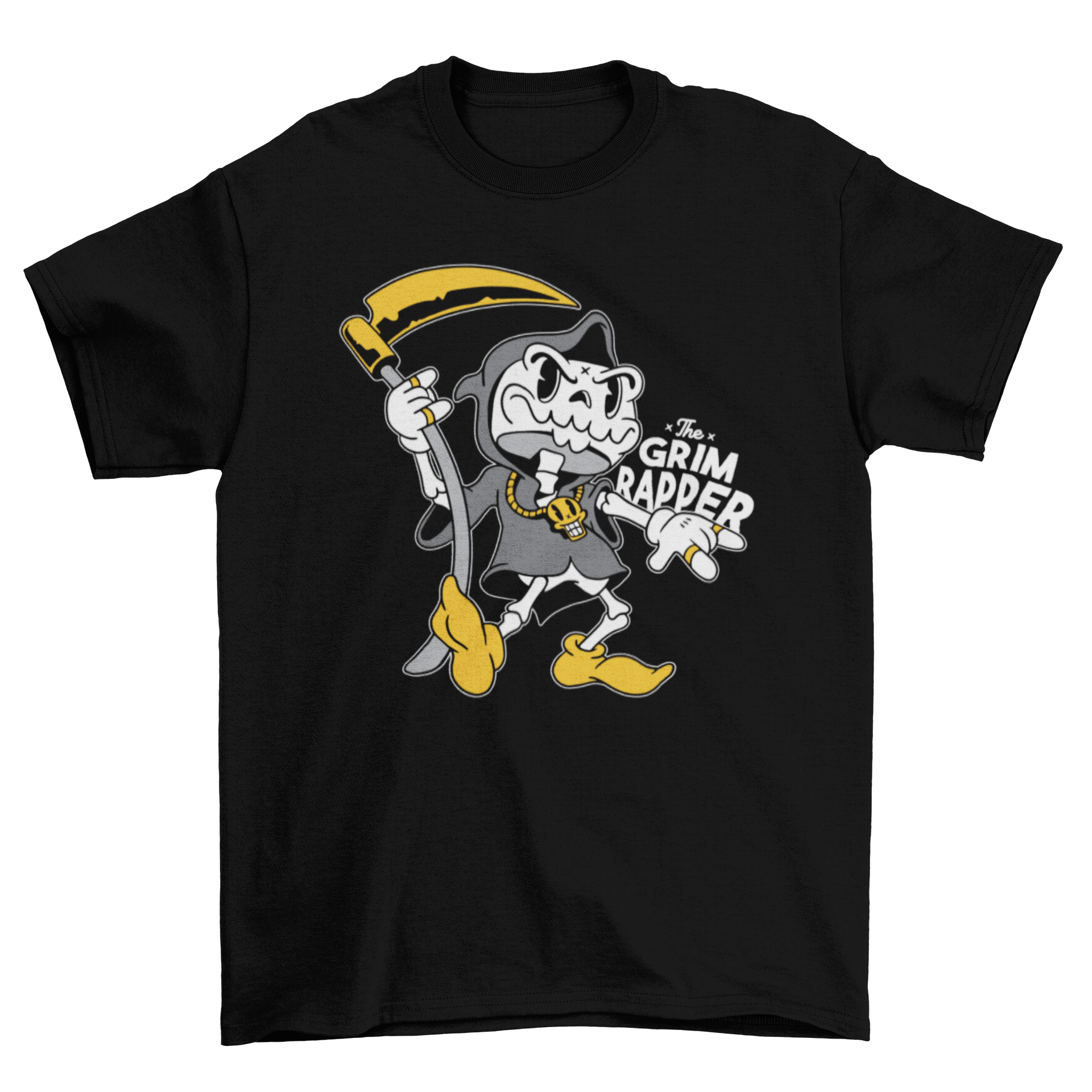 A humorous Halloween t-shirt featuring a cartoon skeleton rapper with rings, a chain, and a scythe, showcasing the pun 'The Grim Rapper'.