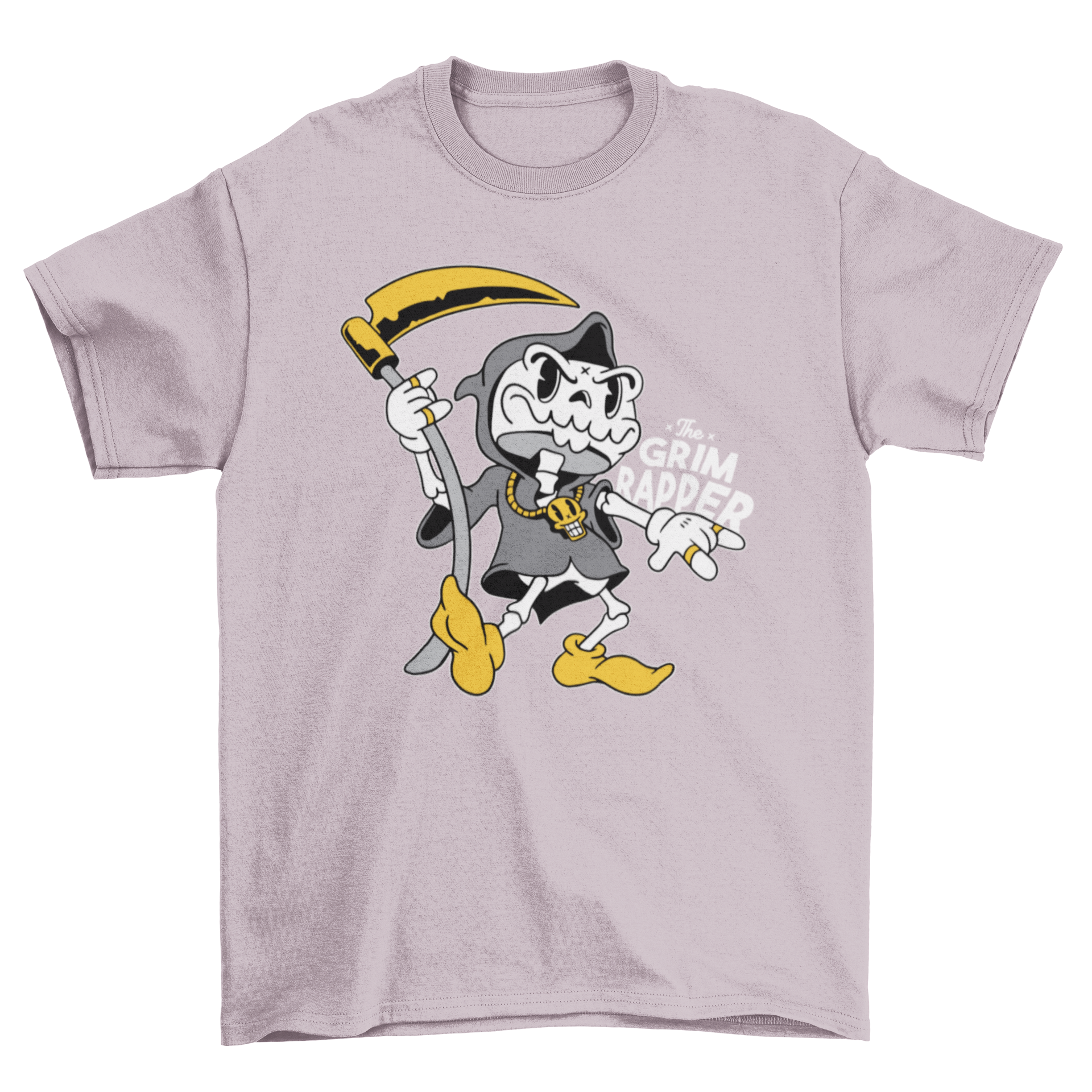 A humorous Halloween t-shirt featuring a cartoon skeleton rapper with rings, a chain, and a scythe, showcasing the pun 'The Grim Rapper'.