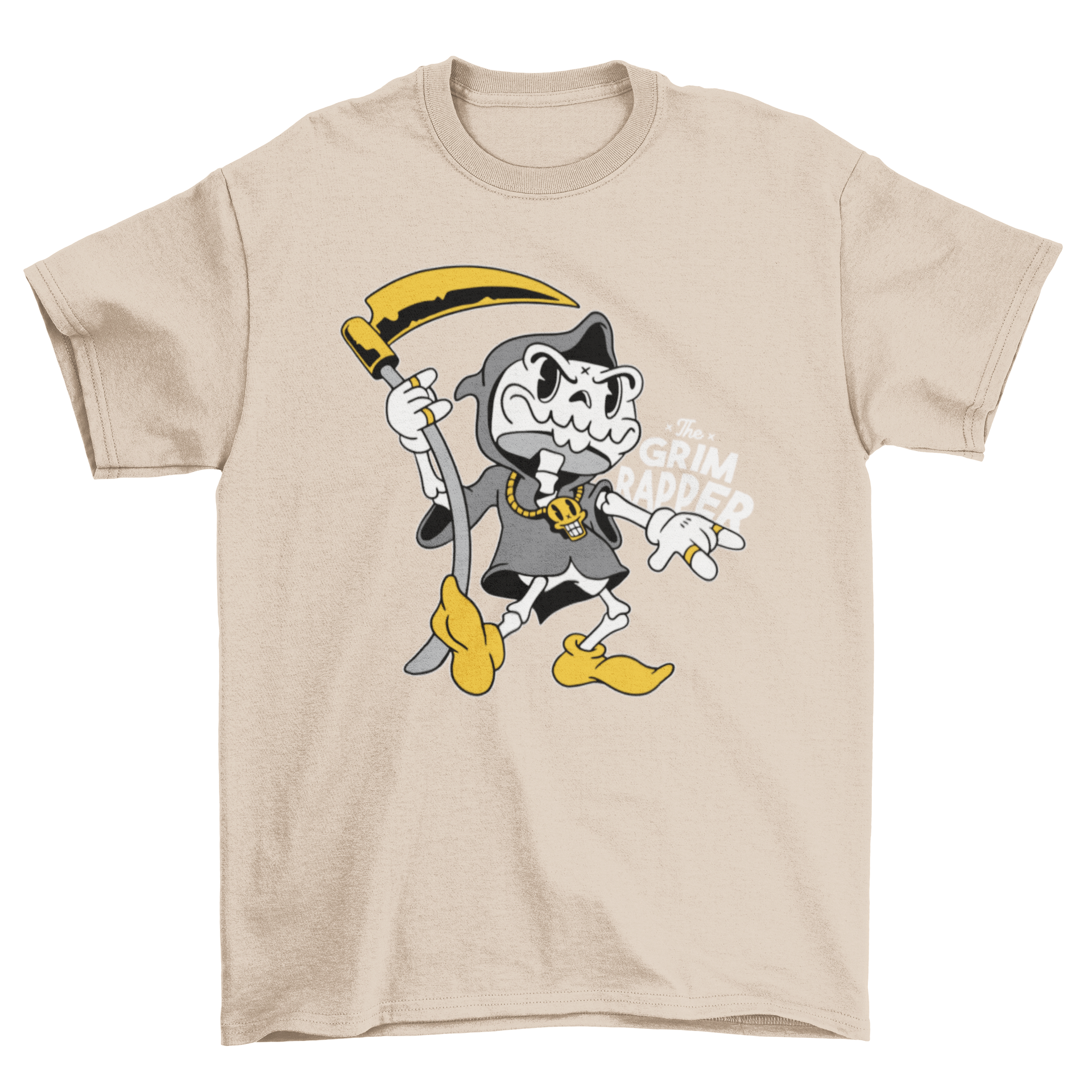 A humorous Halloween t-shirt featuring a cartoon skeleton rapper with rings, a chain, and a scythe, showcasing the pun 'The Grim Rapper'.