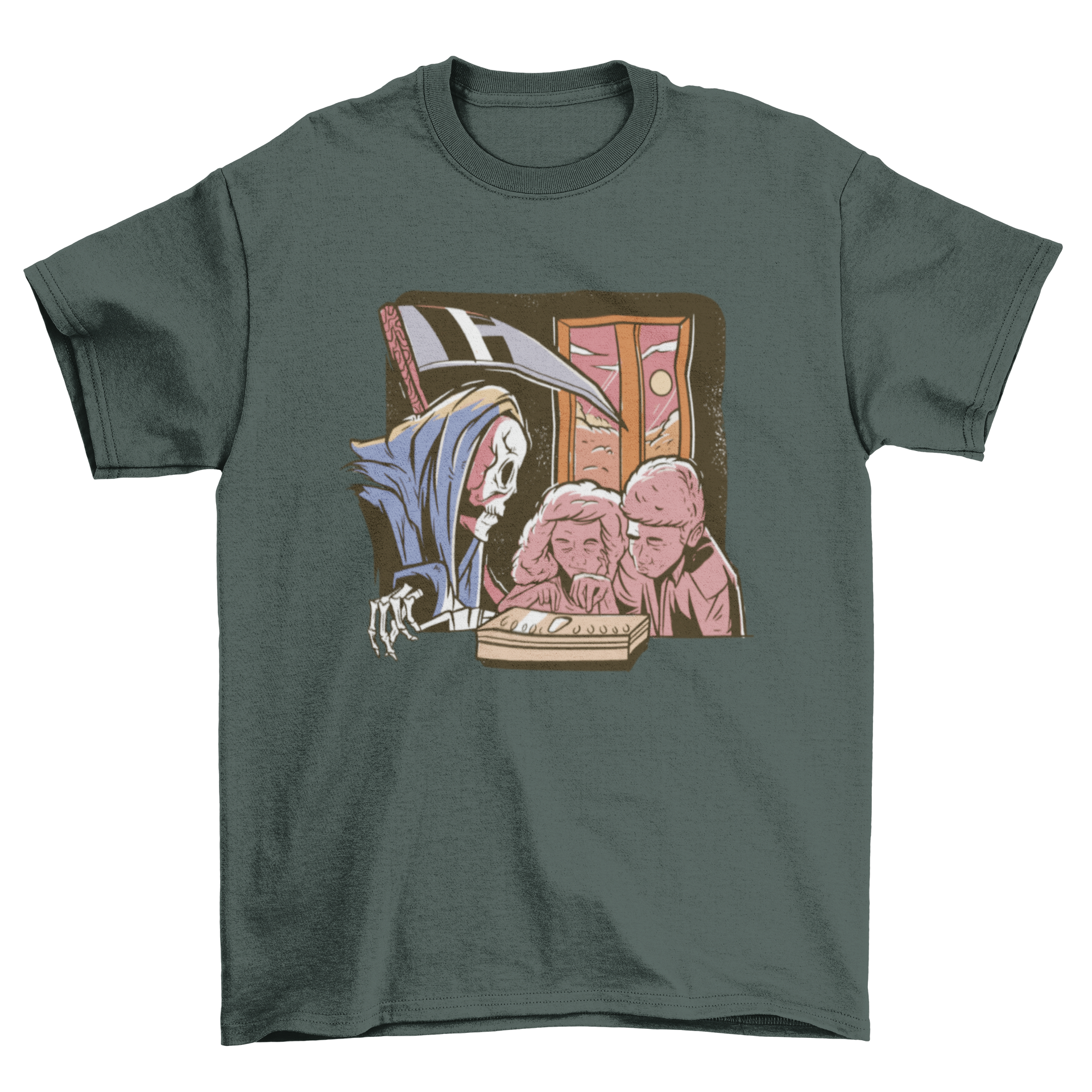 A Halloween t-shirt featuring a whimsical Grim Reaper design with two children, perfect for spooky celebrations.