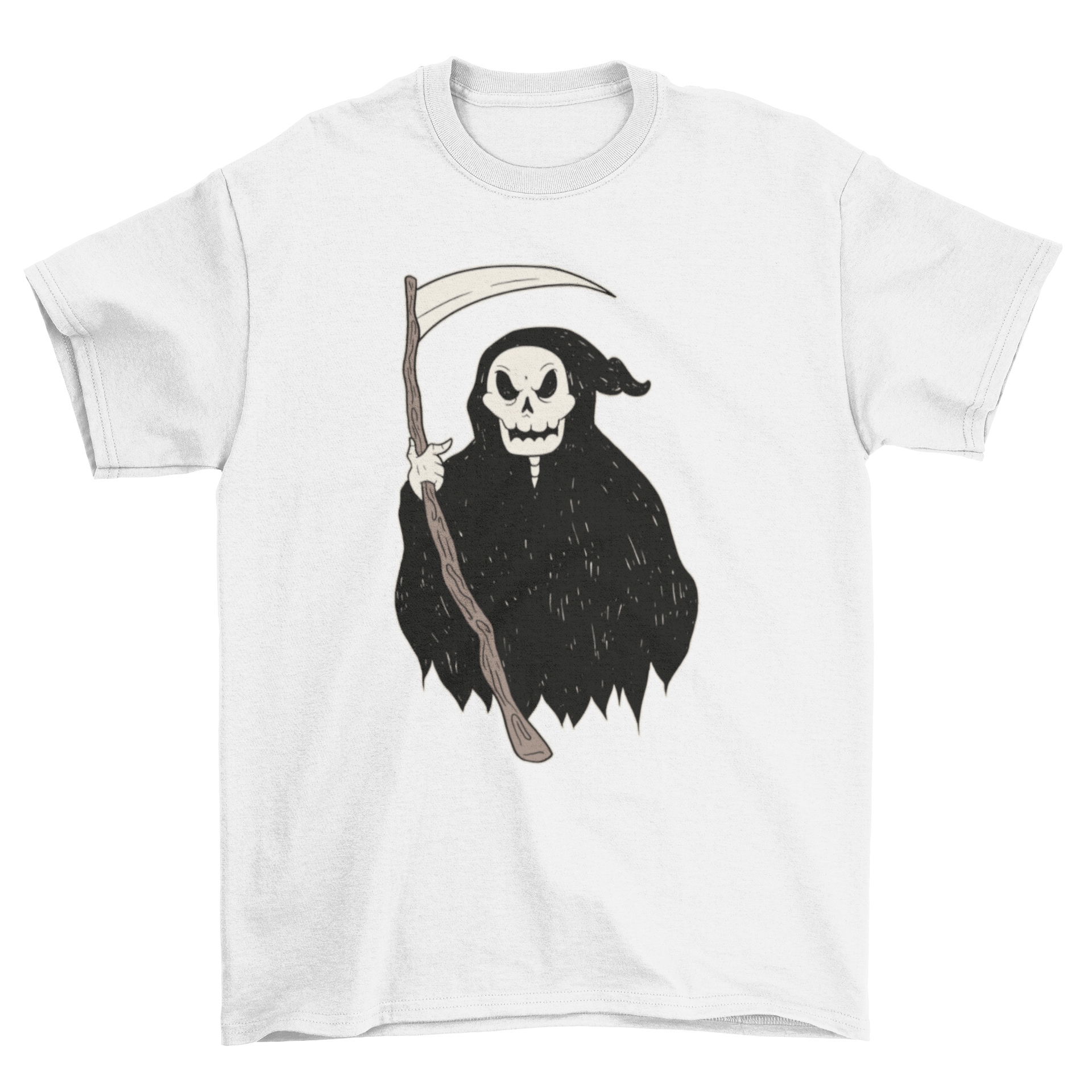 A black t-shirt featuring a detailed illustration of the Grim Reaper, showcasing its iconic scythe and hooded figure.