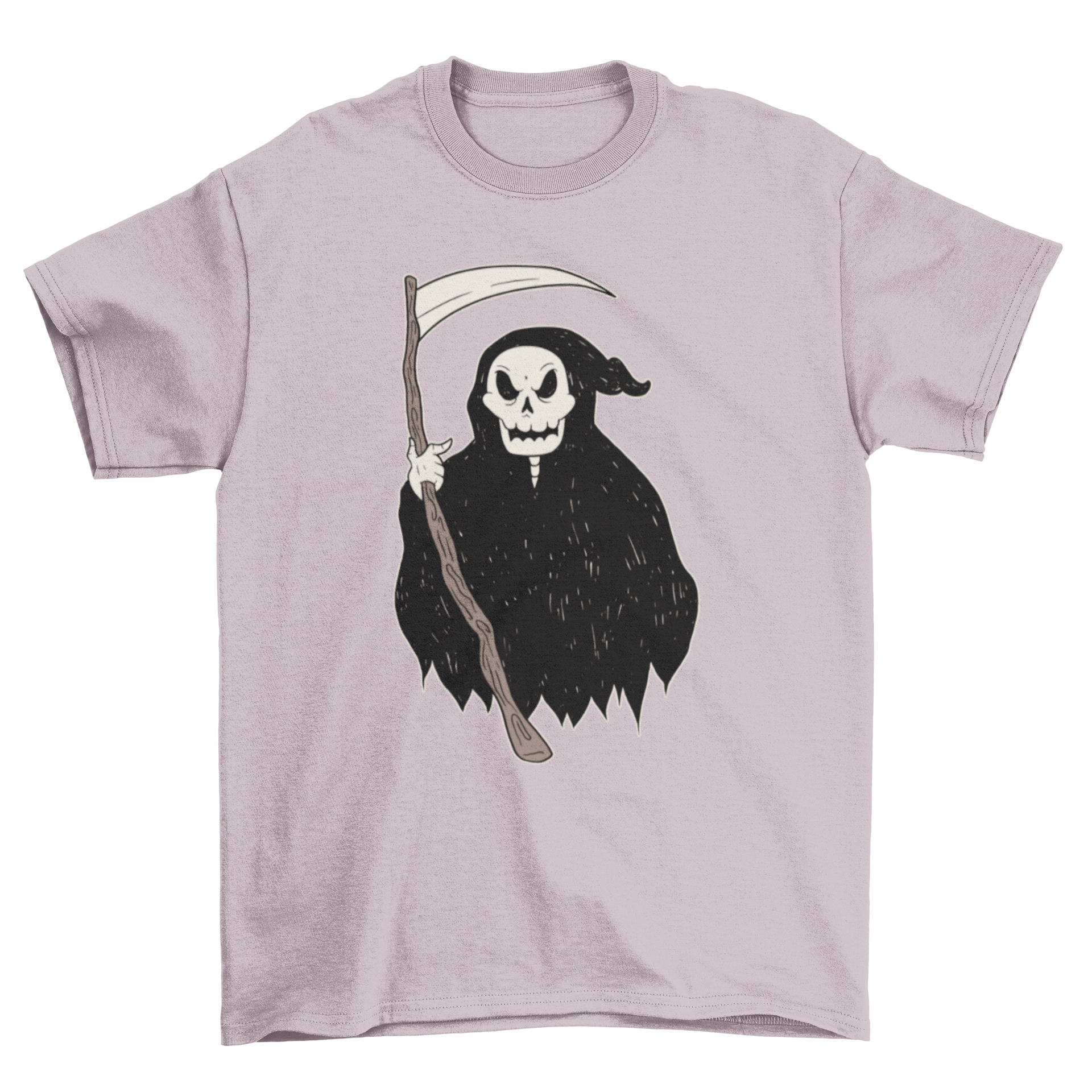 A black t-shirt featuring a detailed illustration of the Grim Reaper, showcasing its iconic scythe and hooded figure.