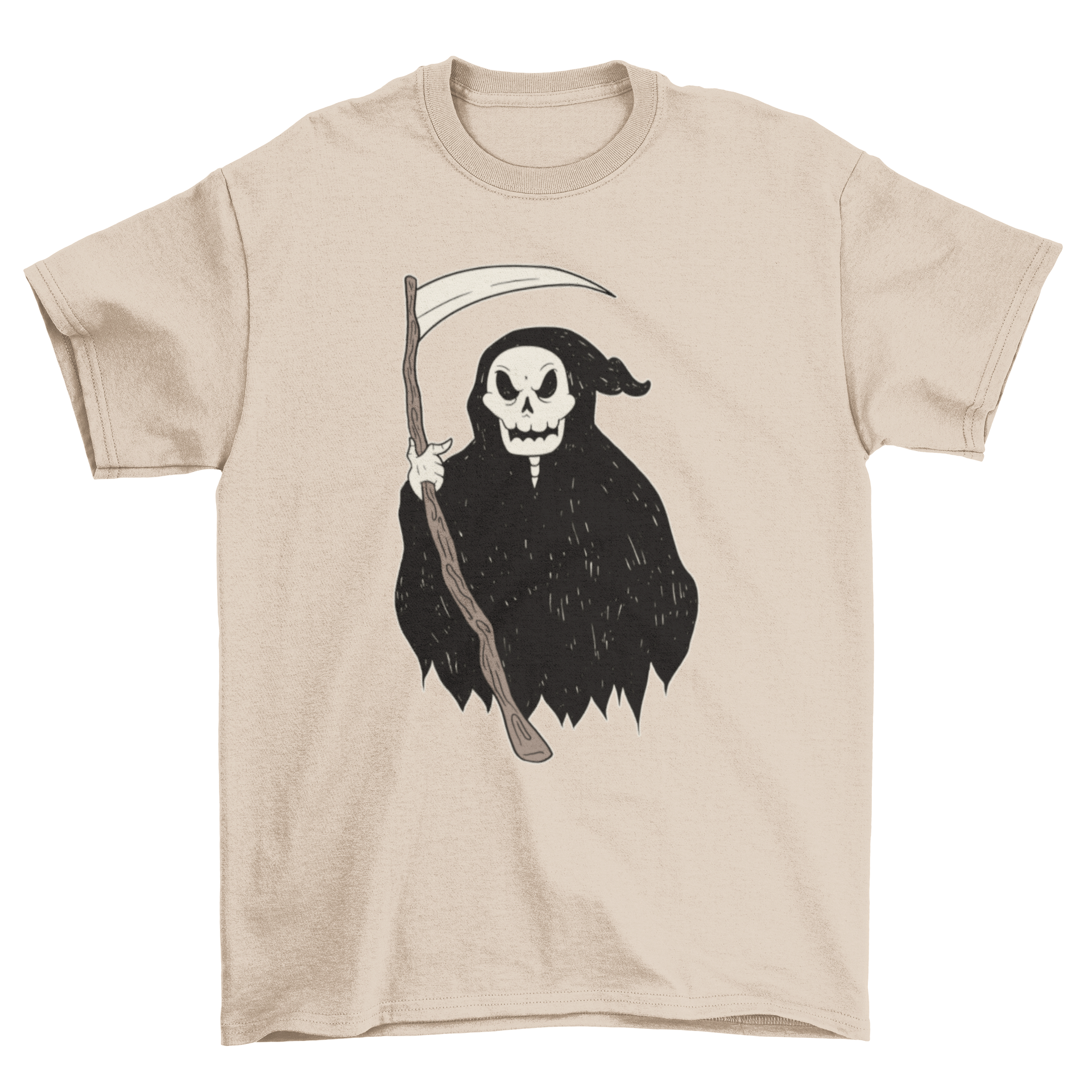 A black t-shirt featuring a detailed illustration of the Grim Reaper, showcasing its iconic scythe and hooded figure.