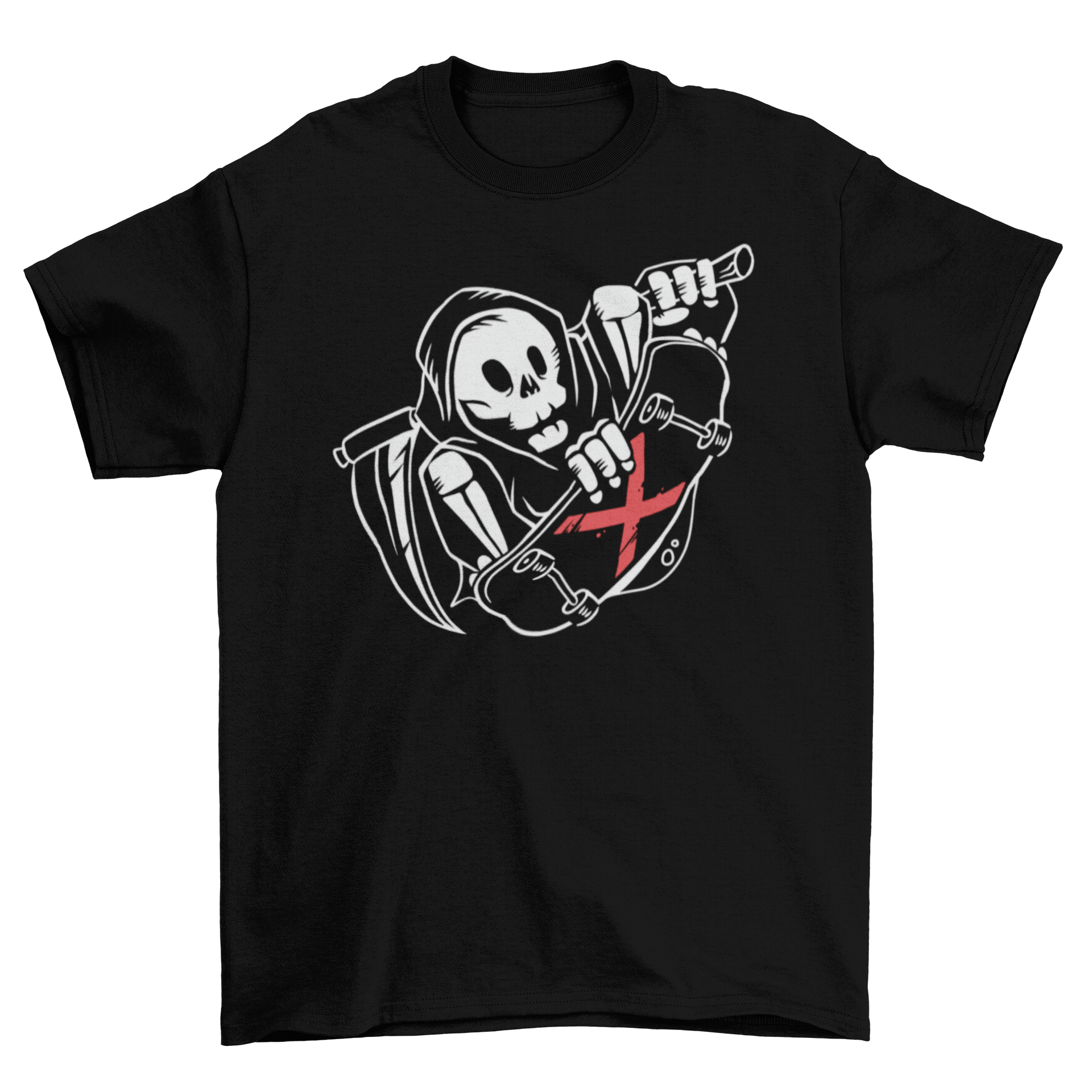 Grim Reaper Skater T-shirt featuring a graphic of the Grim Reaper riding a skateboard, showcasing a blend of skate culture and dark aesthetics.