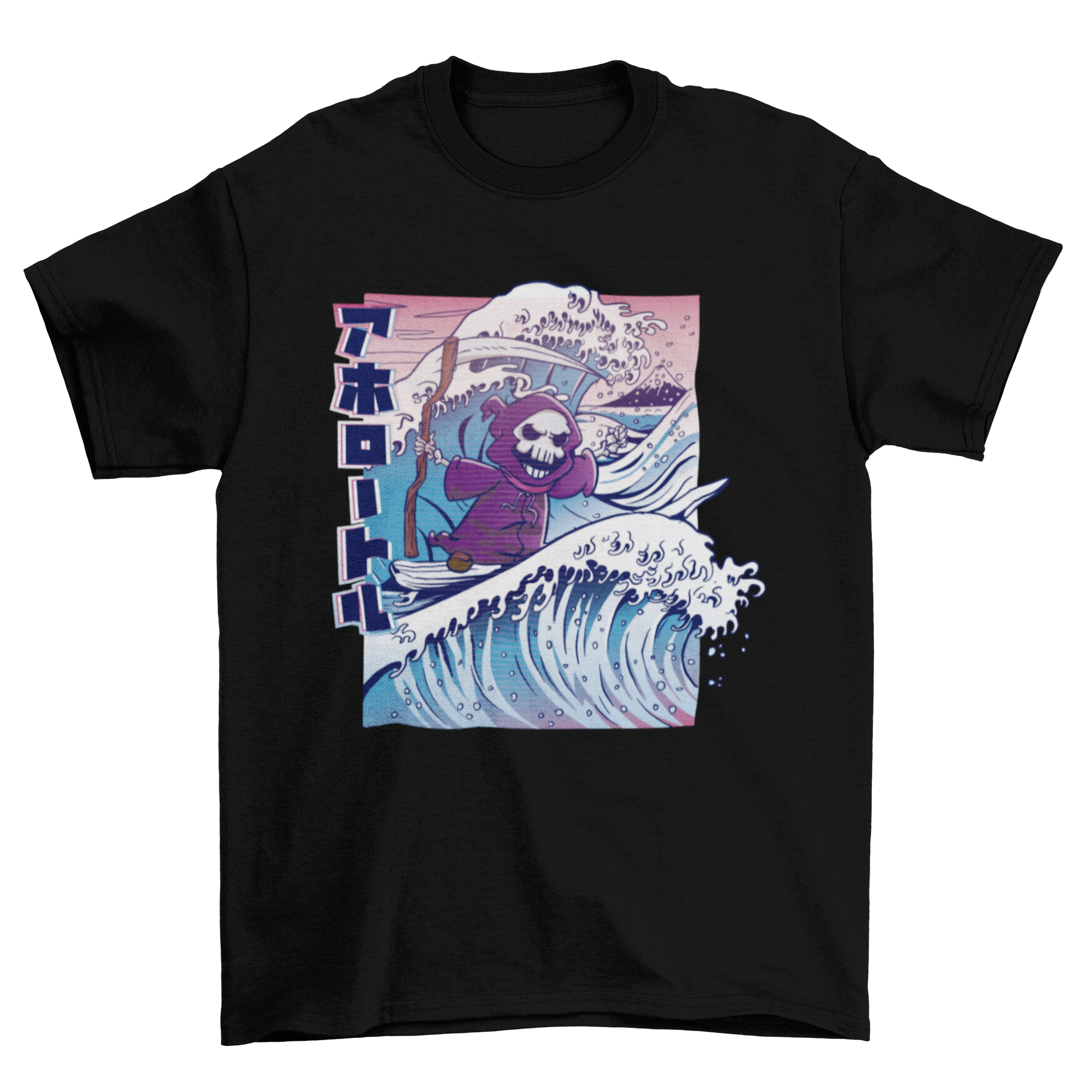 A stylish Grim Reaper surfing t-shirt featuring a detailed graphic of the Grim Reaper riding a big wave.