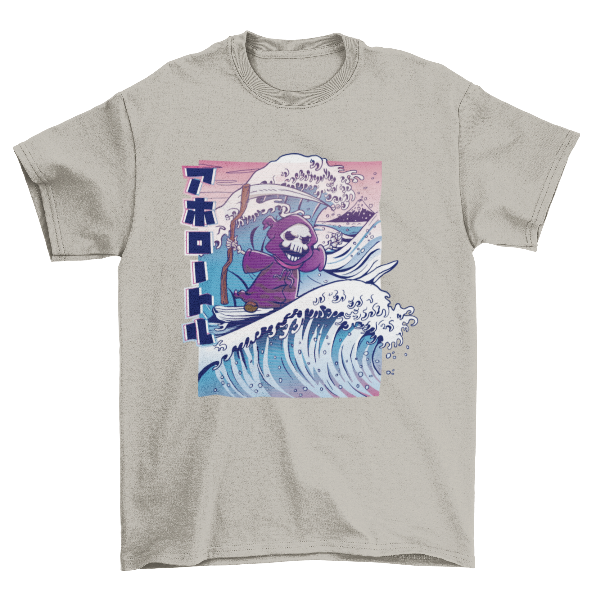 A stylish Grim Reaper surfing t-shirt featuring a detailed graphic of the Grim Reaper riding a big wave.