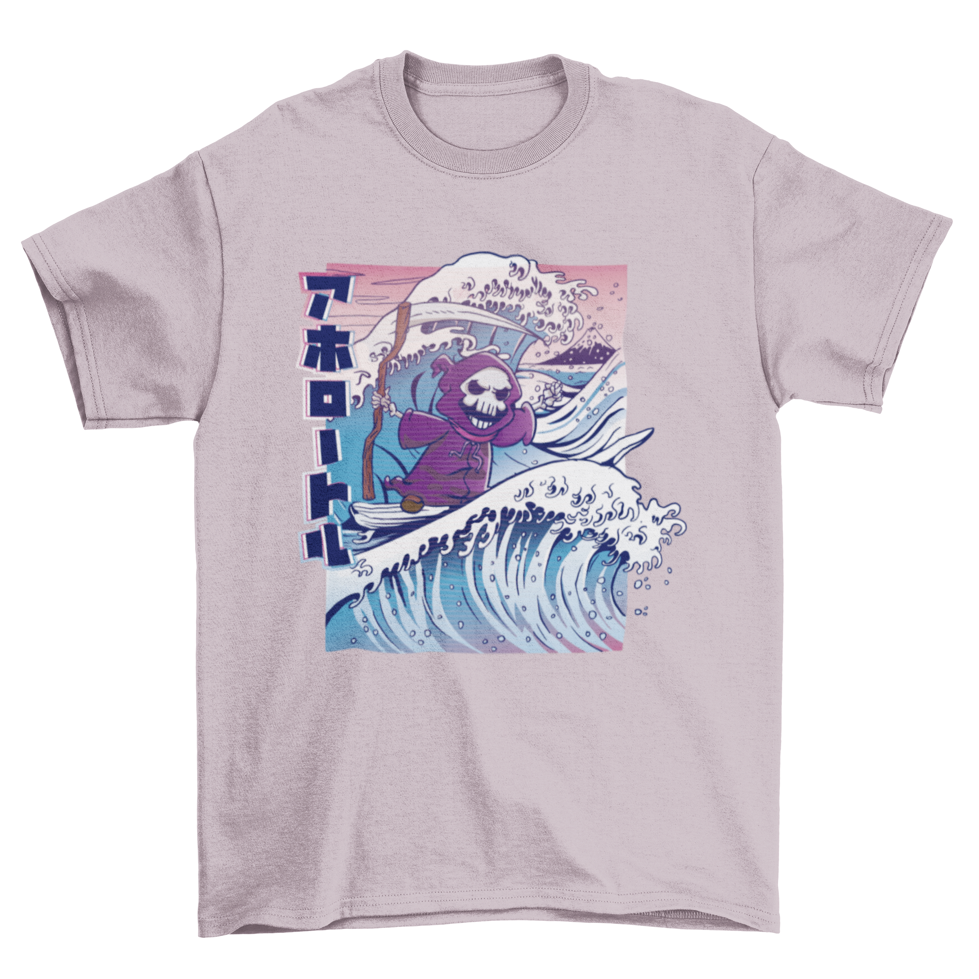 A stylish Grim Reaper surfing t-shirt featuring a detailed graphic of the Grim Reaper riding a big wave.