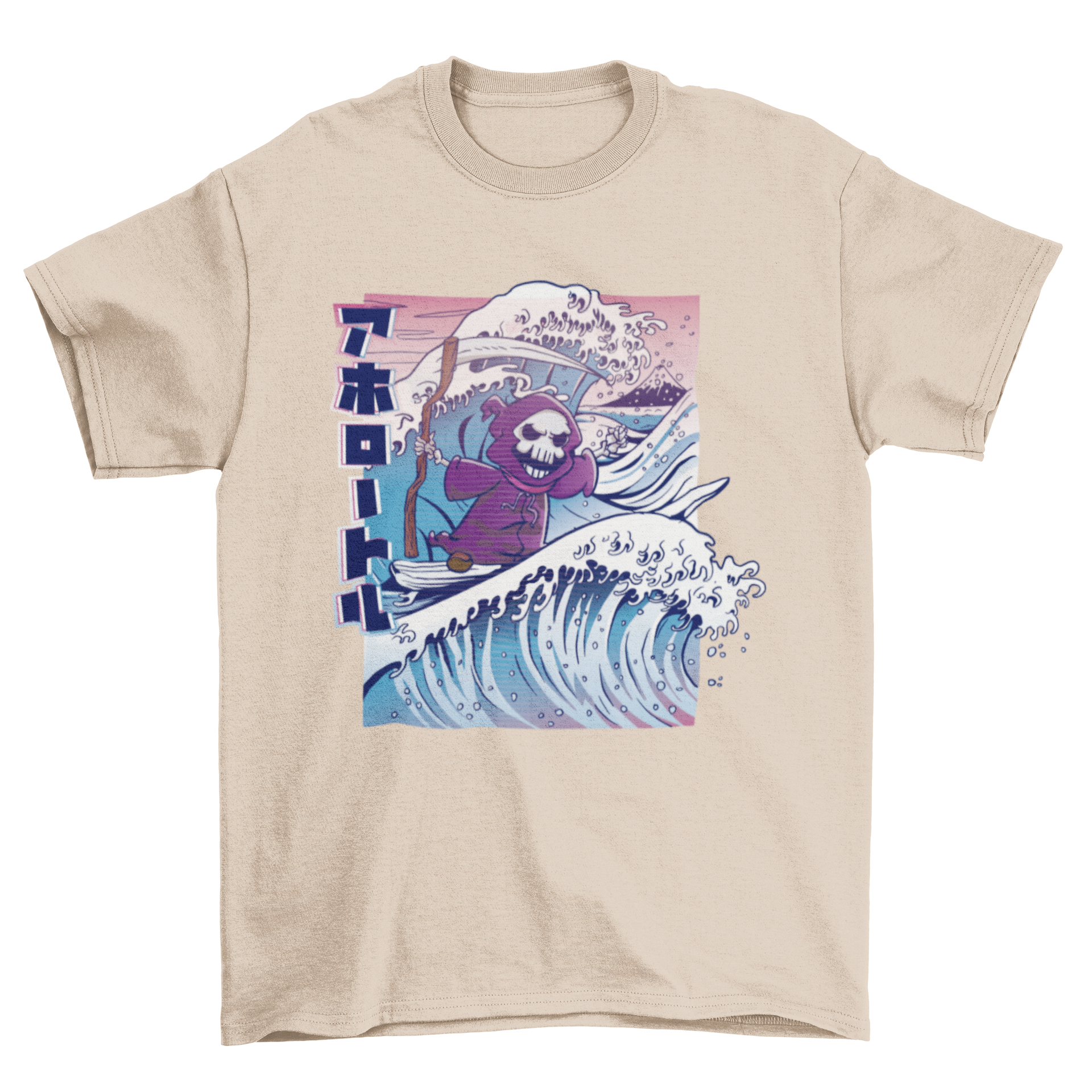 A stylish Grim Reaper surfing t-shirt featuring a detailed graphic of the Grim Reaper riding a big wave.