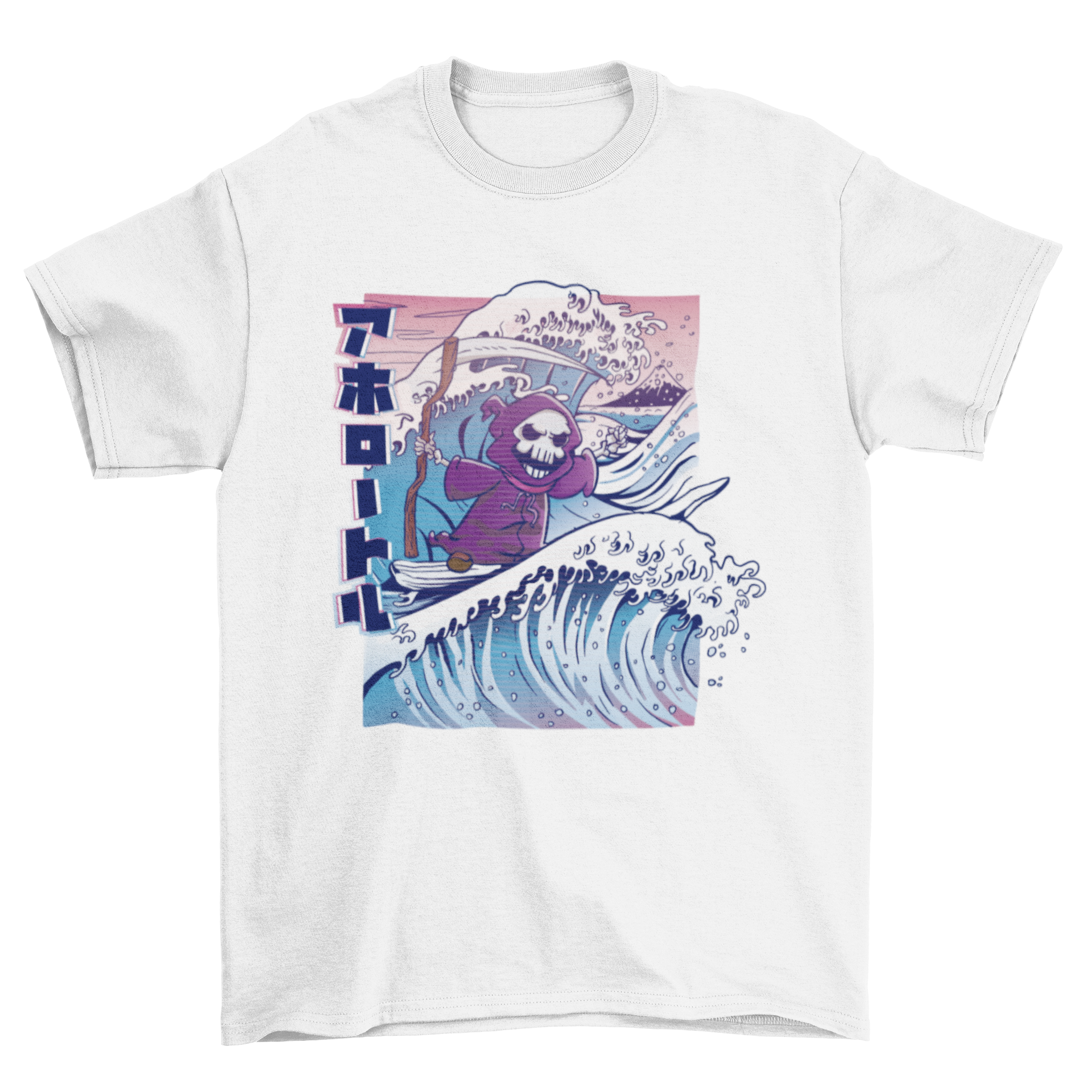 A stylish Grim Reaper surfing t-shirt featuring a detailed graphic of the Grim Reaper riding a big wave.