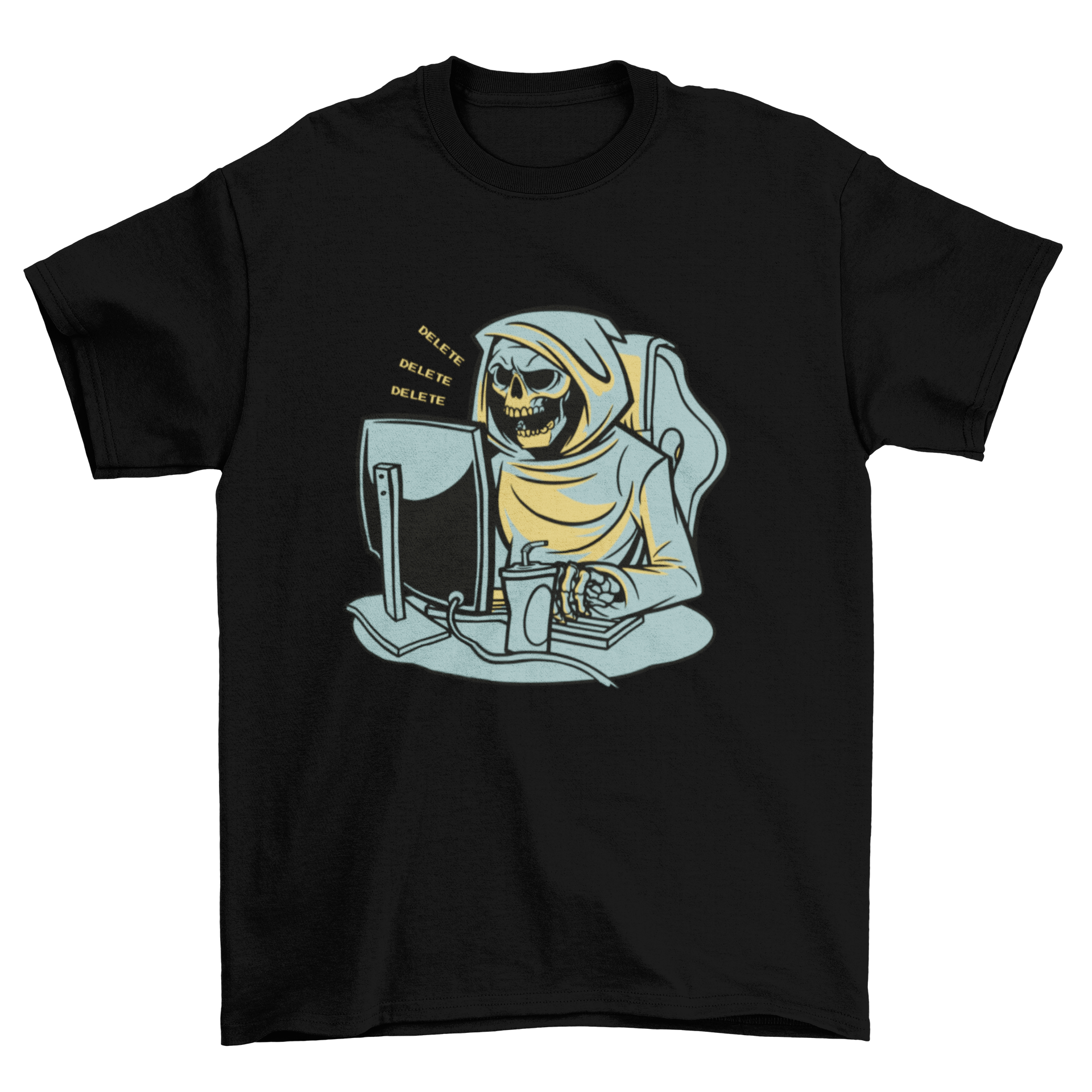 A humorous t-shirt featuring a Grim Reaper character working from home, sitting at a desk with a computer.