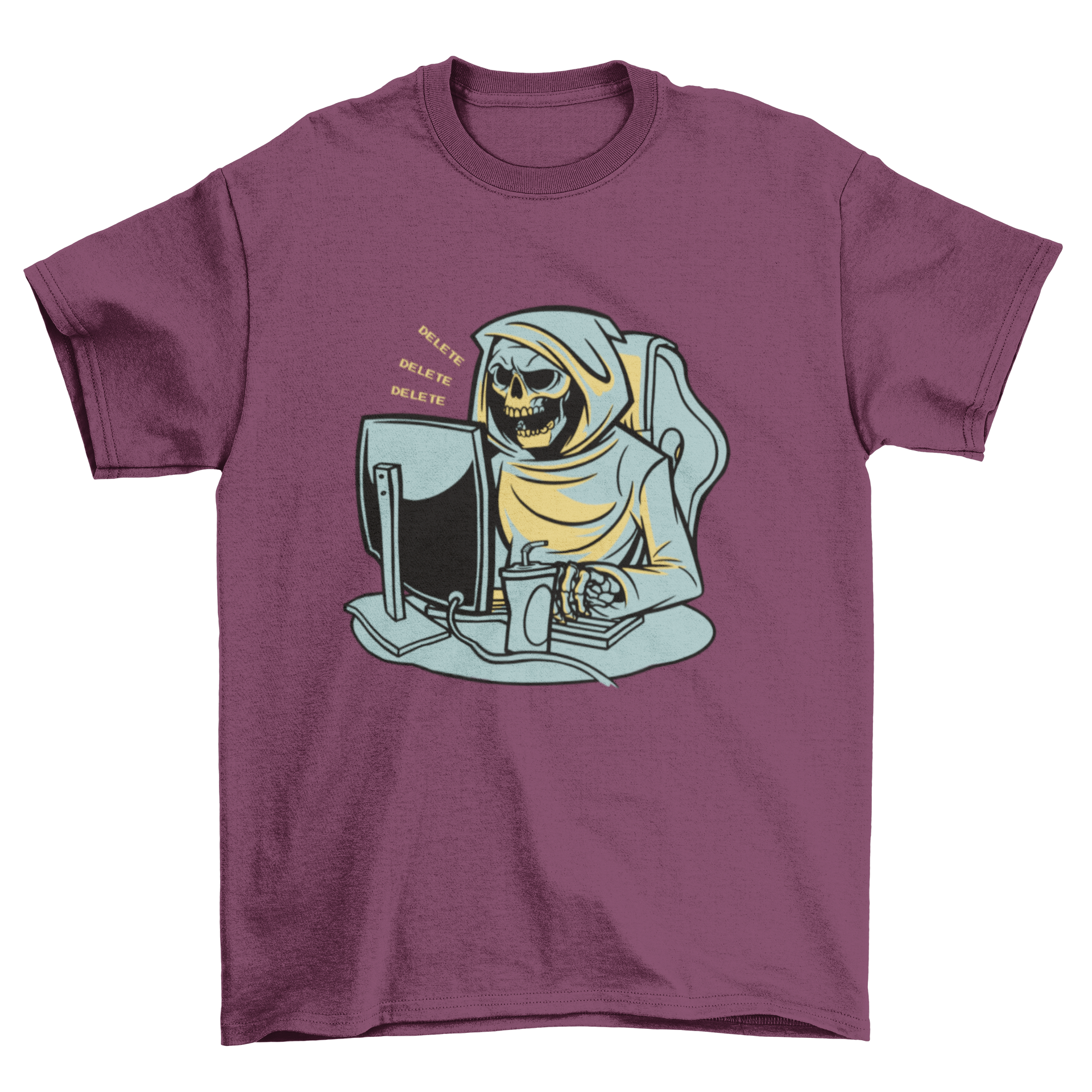 A humorous t-shirt featuring a Grim Reaper character working from home, sitting at a desk with a computer.