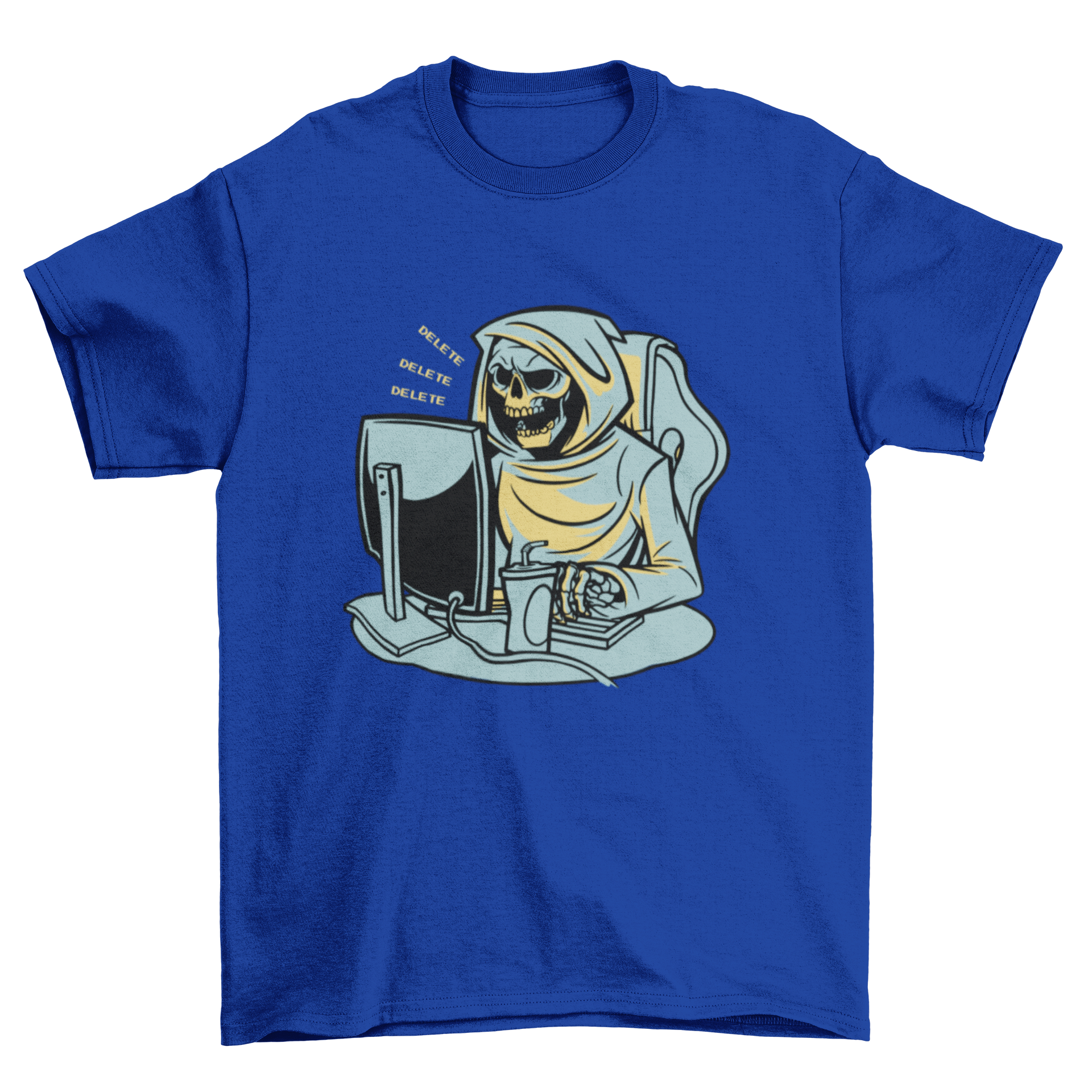 A humorous t-shirt featuring a Grim Reaper character working from home, sitting at a desk with a computer.