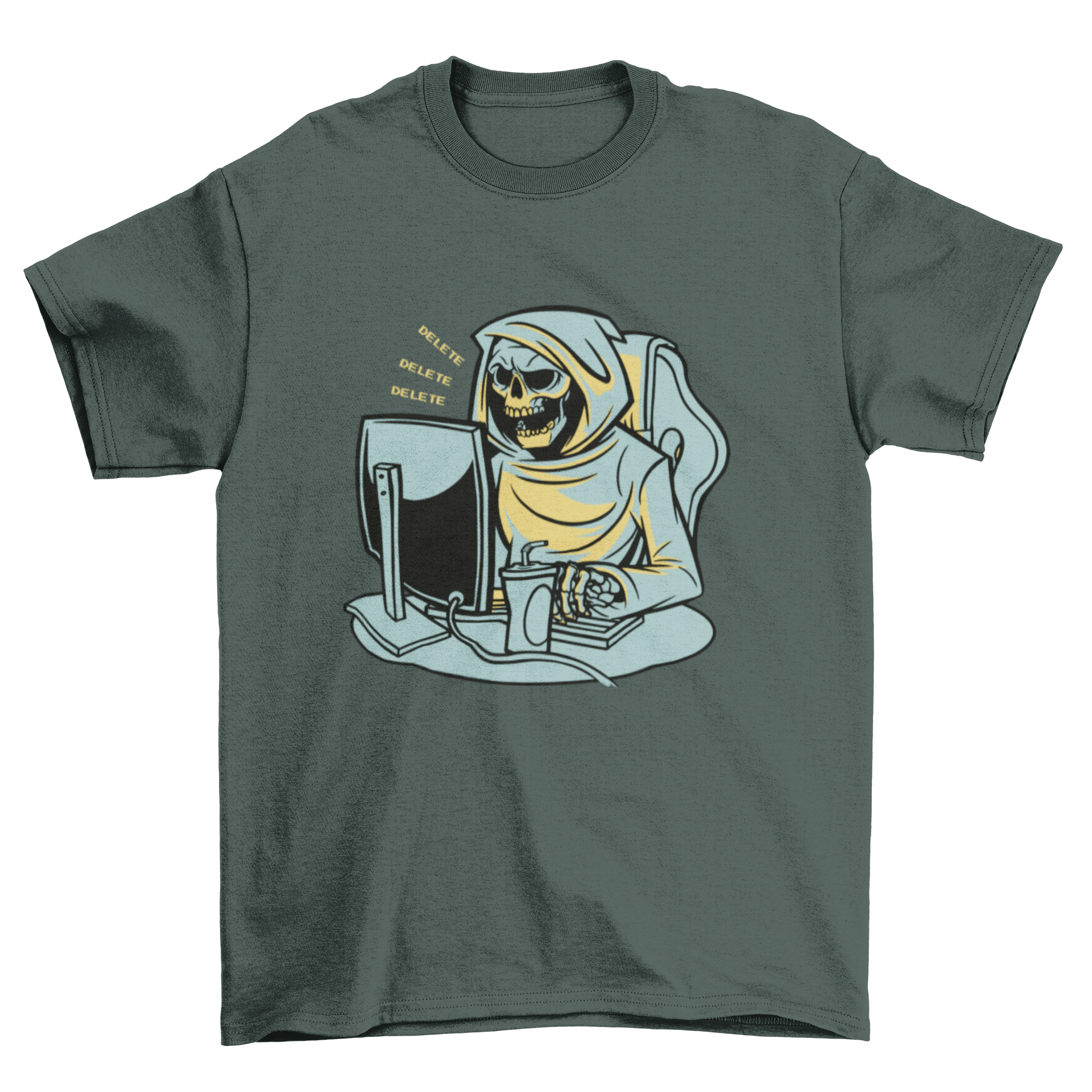 A humorous t-shirt featuring a Grim Reaper character working from home, sitting at a desk with a computer.