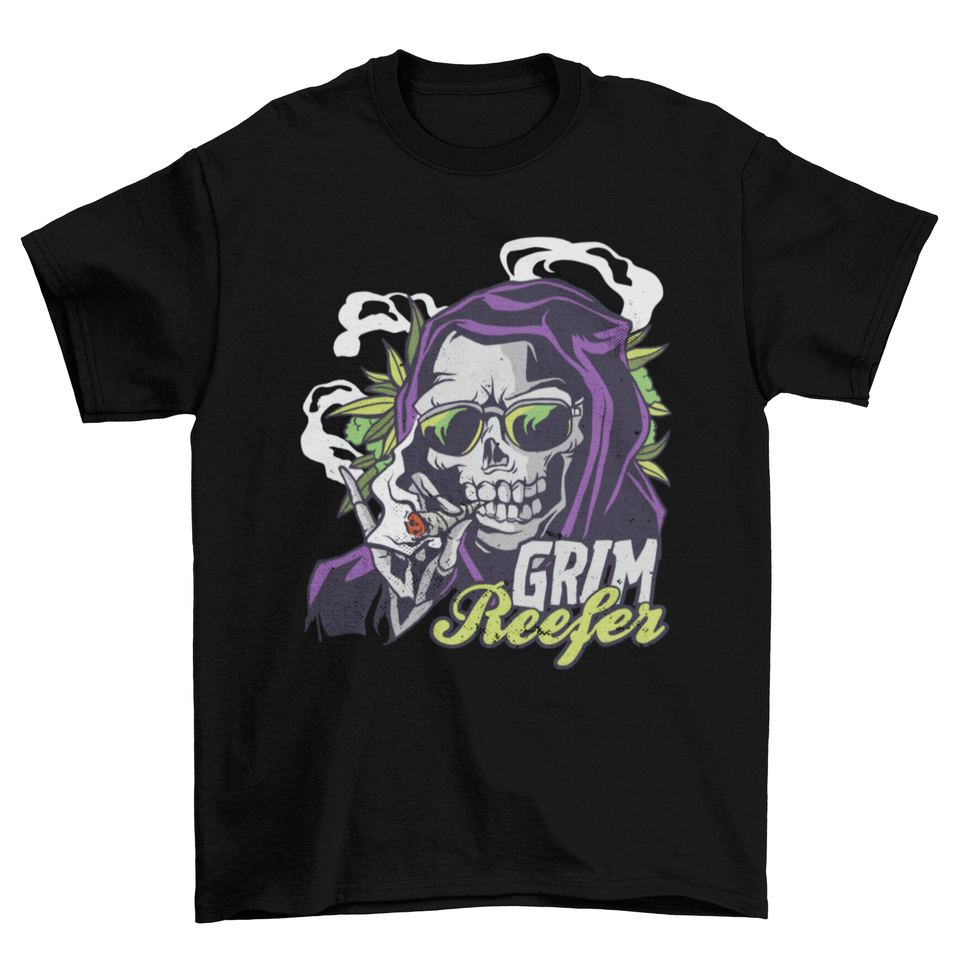 Grim Reefer T-shirt featuring the Grim Reaper smoking a joint with the quote 'GRIM REEFER'.