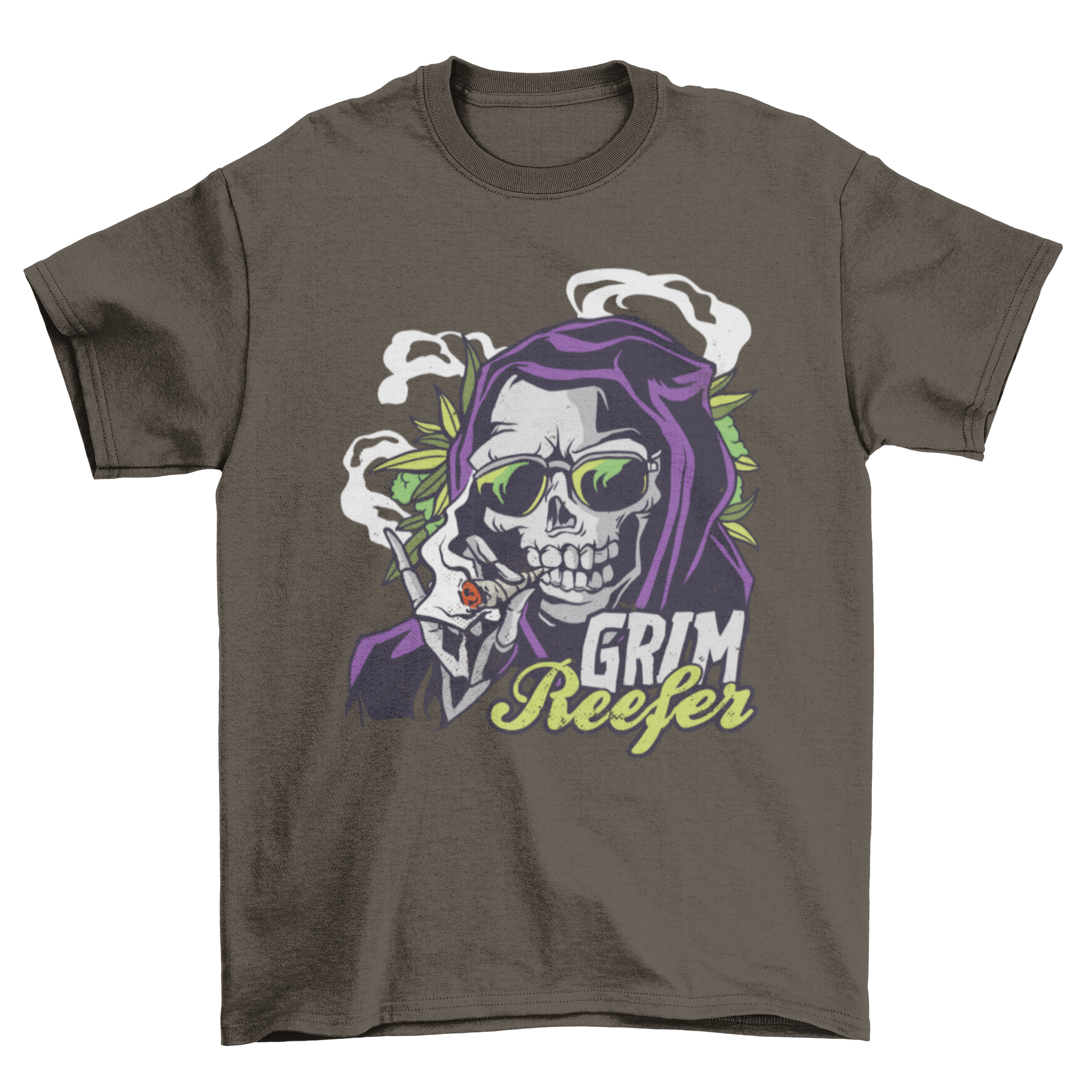 Grim Reefer T-shirt featuring the Grim Reaper smoking a joint with the quote 'GRIM REEFER'.