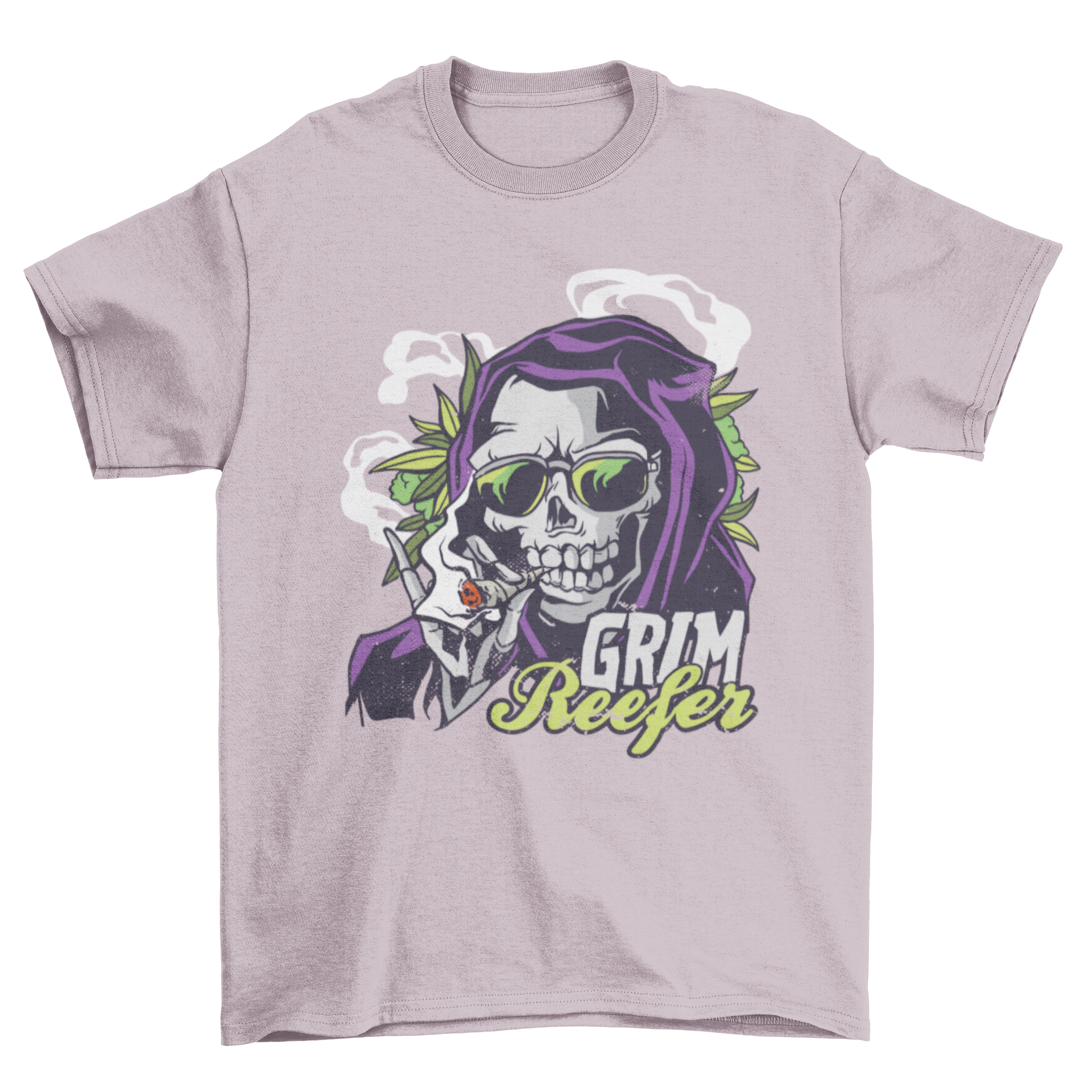 Grim Reefer T-shirt featuring the Grim Reaper smoking a joint with the quote 'GRIM REEFER'.