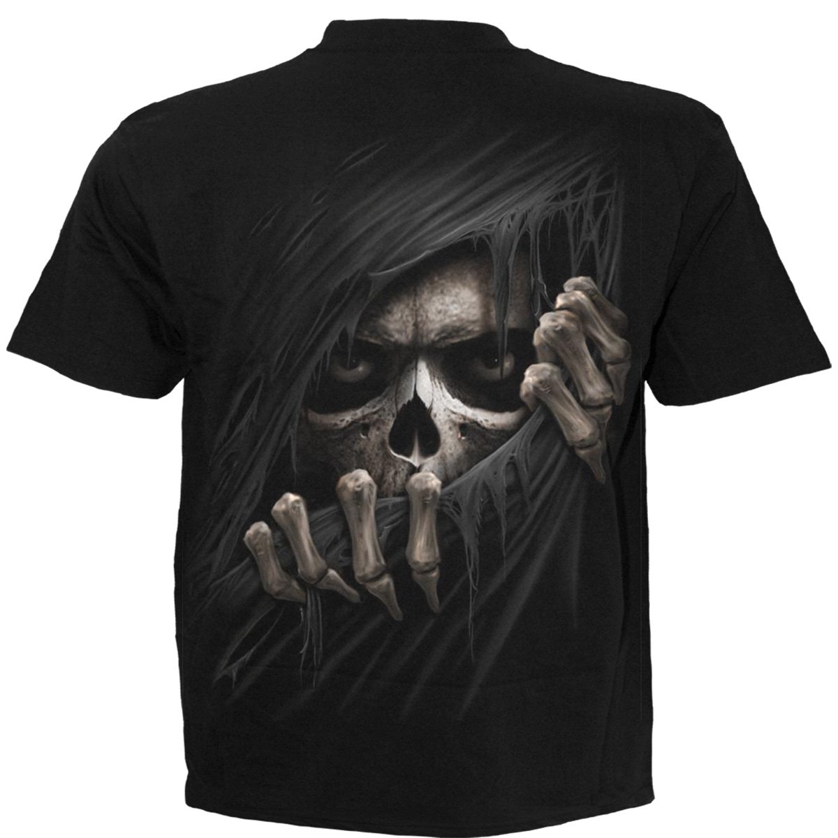 Black t-shirt featuring a detailed Grim Reaper design with sunken eyes and tattered fabric.