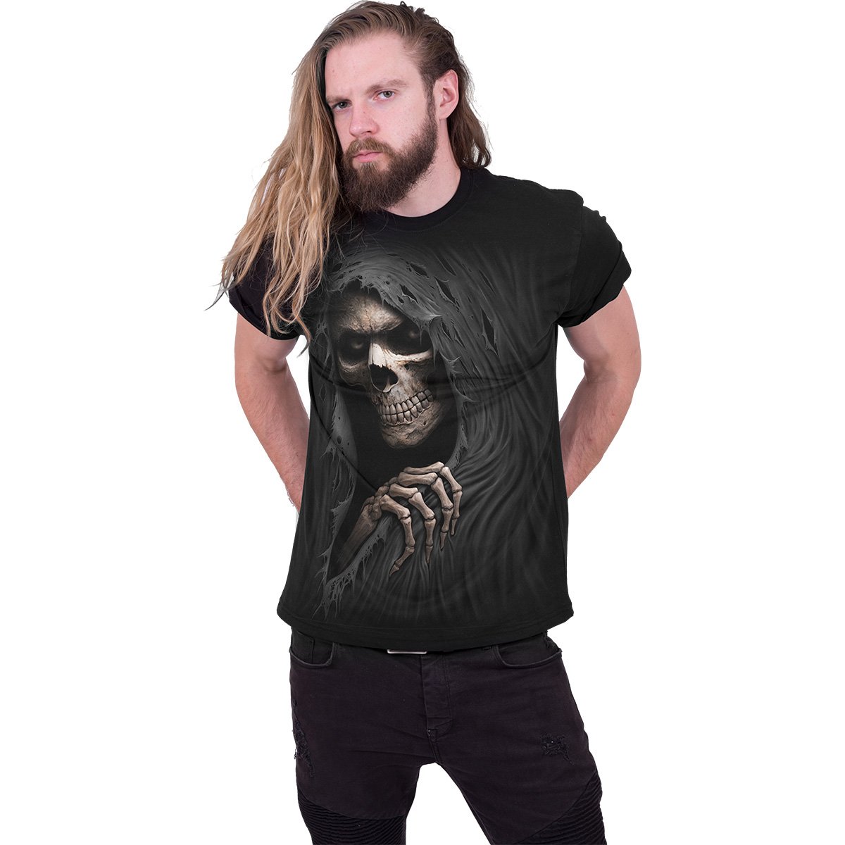 Black t-shirt featuring a detailed Grim Reaper design with sunken eyes and tattered fabric.