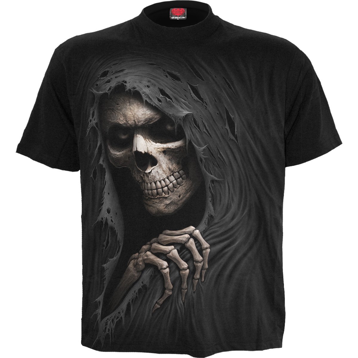 Black t-shirt featuring a detailed Grim Reaper design with sunken eyes and tattered fabric.